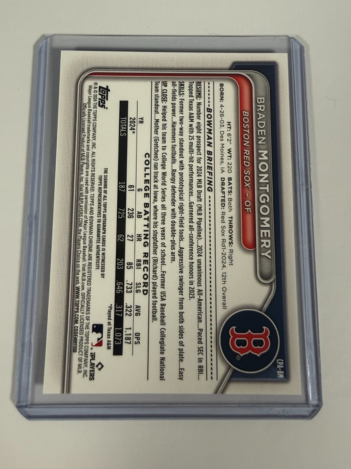 2024 Bowman Chrome Draft Braden Montgomery Auto Purple Ref /250 – 1st Pros. RC
