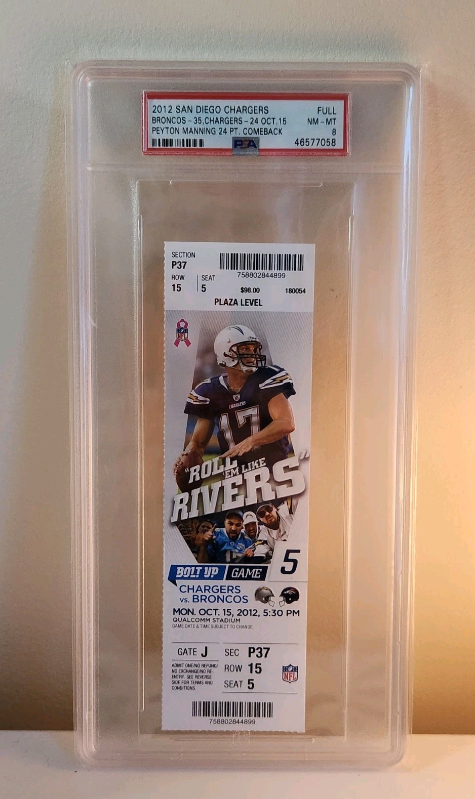 2012 CHARGERS BRONCOS TICKET BRONCOS 24 Pt COMEBACK PEYTON MANNING PSA 8 NM-MT