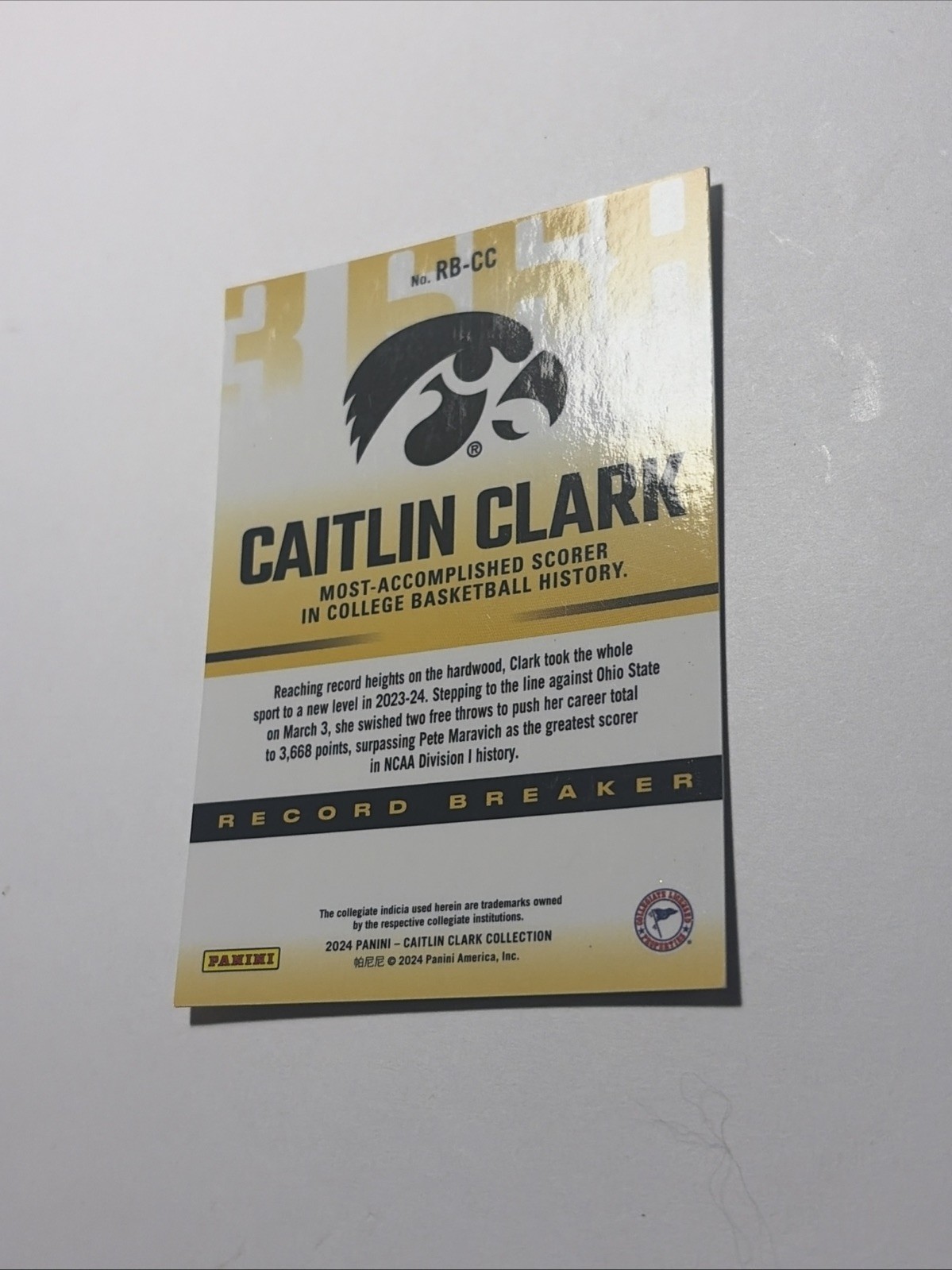 2024 Panini Caitlin Clark Collection – Record Breaker Caitlin Clark #RB-CC (RC)