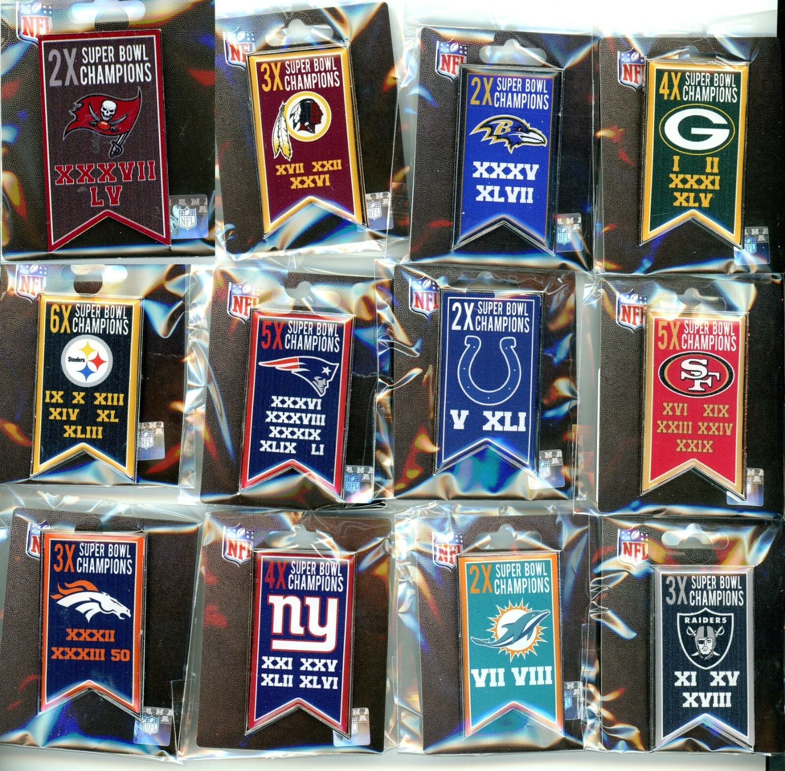 NFL Multiple Time Super Bowl Champs Banner Pin Choice 12 Pins to Choose from