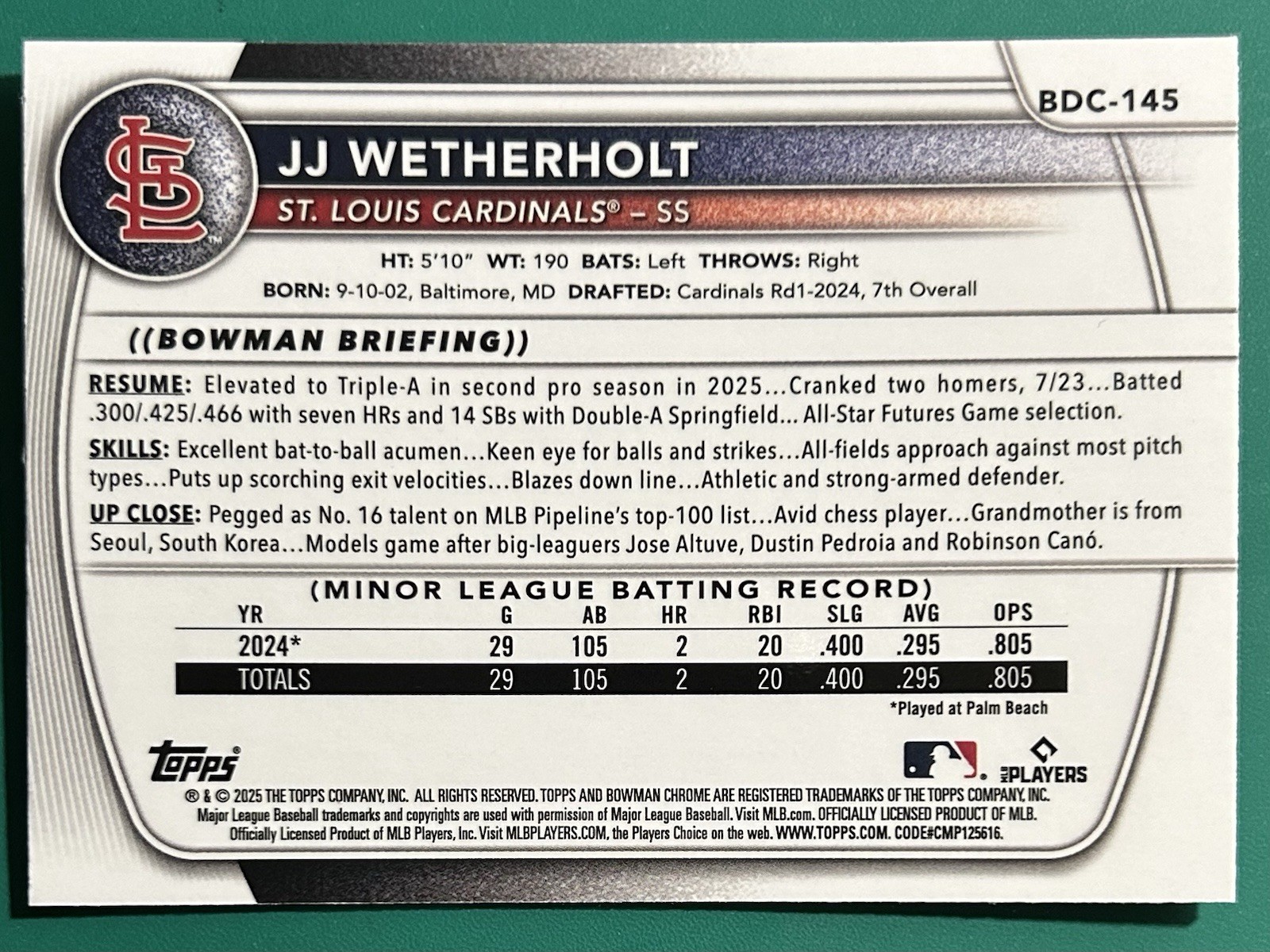 2025 Bowman Draft JJ Wetherholt Chrome Mojo Refractor #BDC -145 Cardinals