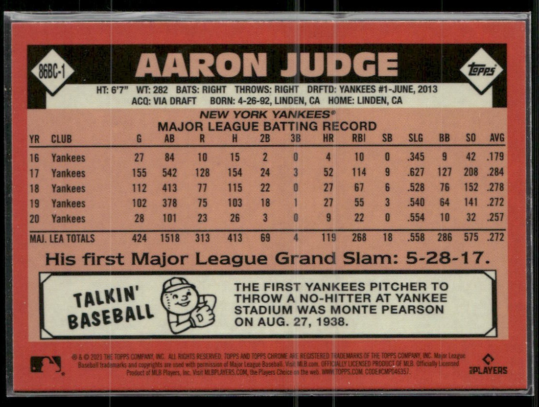 2021 Topps Chrome Topps 86 -#86BC1 Aaron Judge – NY Yankees