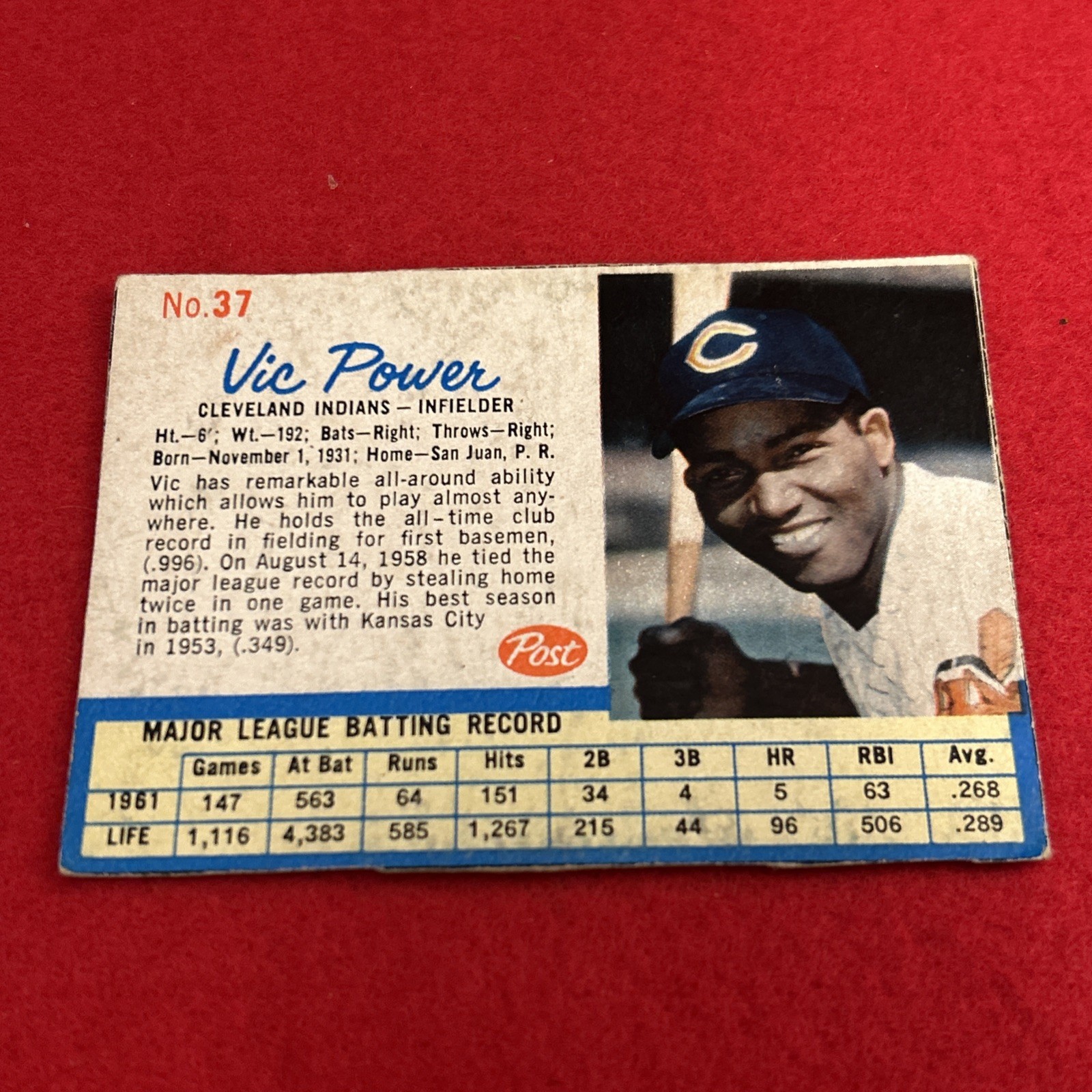 1962 Post Vic Power #37 Cleveland Indians
