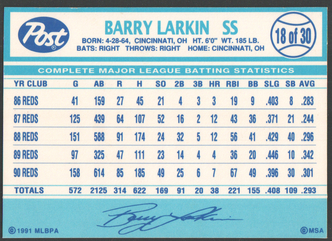 1991 Post Cereal #18 – Barry Larkin – Cincinnati Reds 91-1060