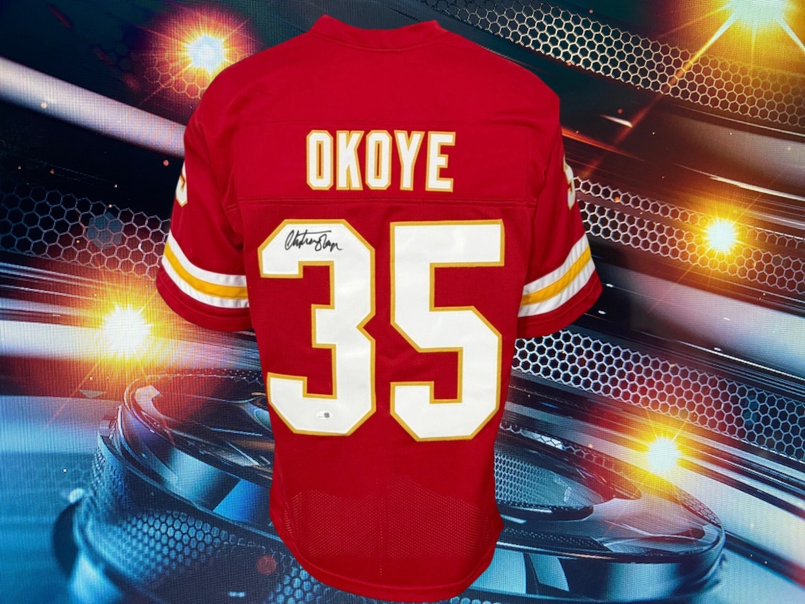 CHRISTIAN OKOYE AUTOGRAPHED CUSTOM KANSAS CITY CHIEFS RED JERSEY COA JSA