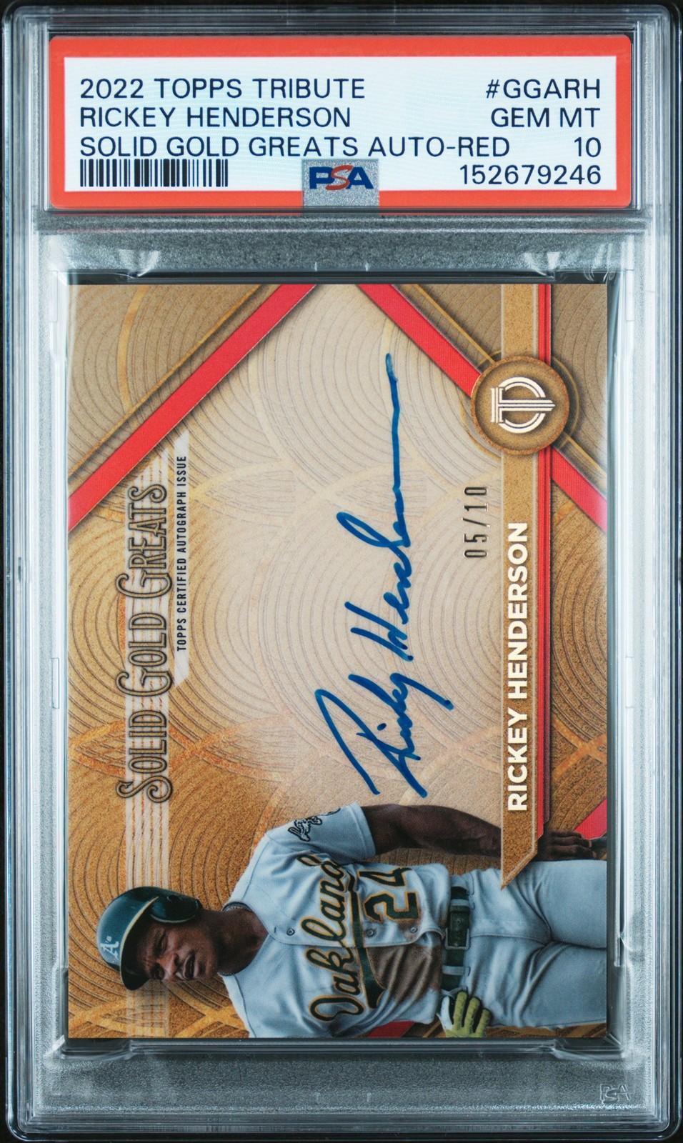 2022 Topps Tribute Solid Gold Greats AUTO Rickey Henderson Red /10 PSA 10