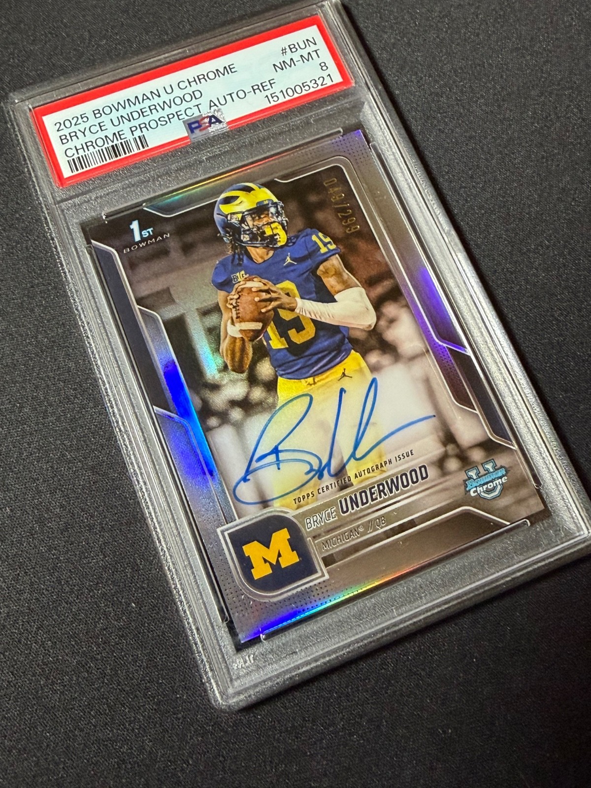 2025 Bowman Chrome U Bryce Underwood Auto 1st Refractor Auto /299 Michigan PSA 8