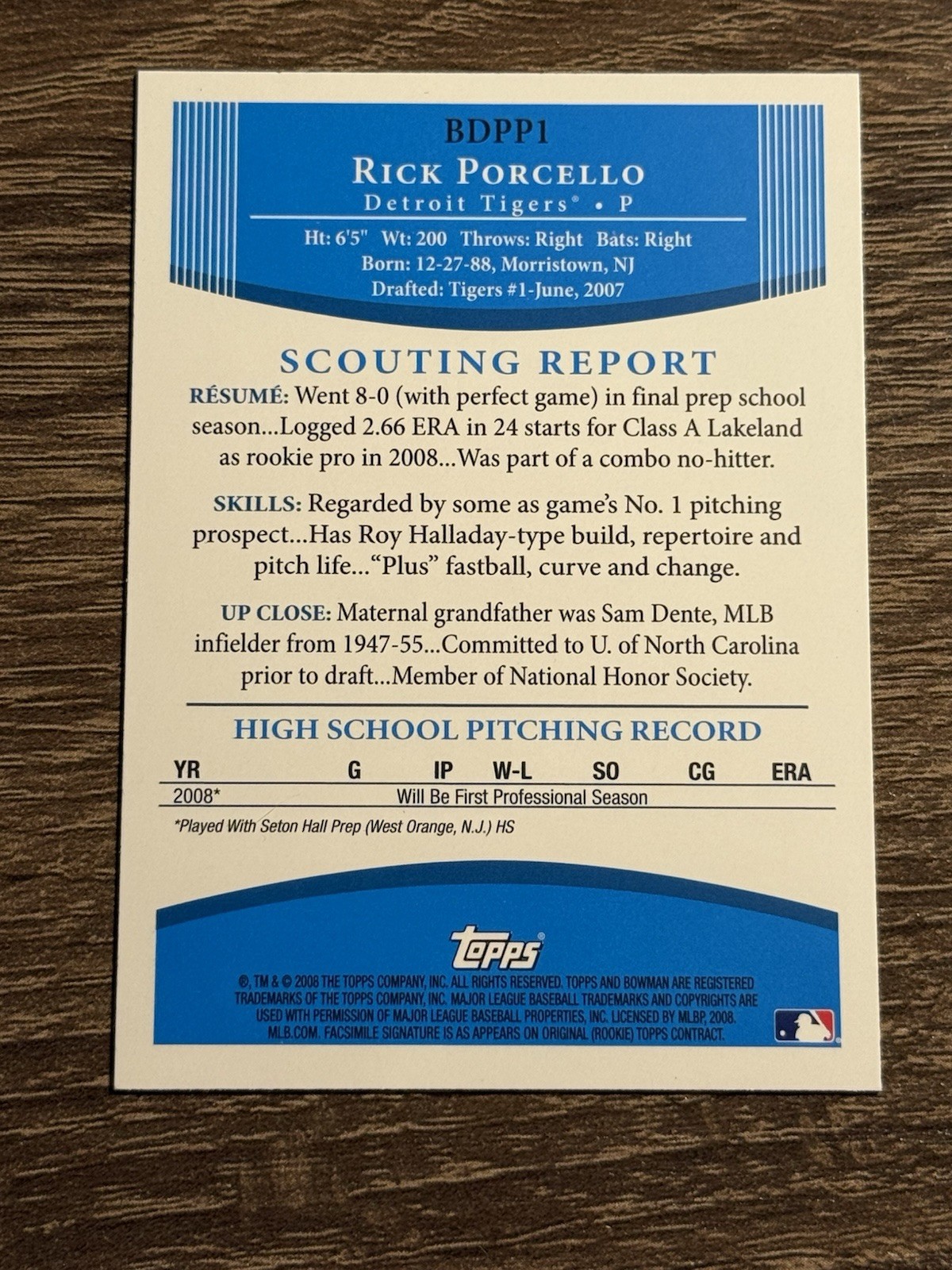 2008 Bowman Draft Prospects #BDPP1 Rick Porcello Detroit Tigers
