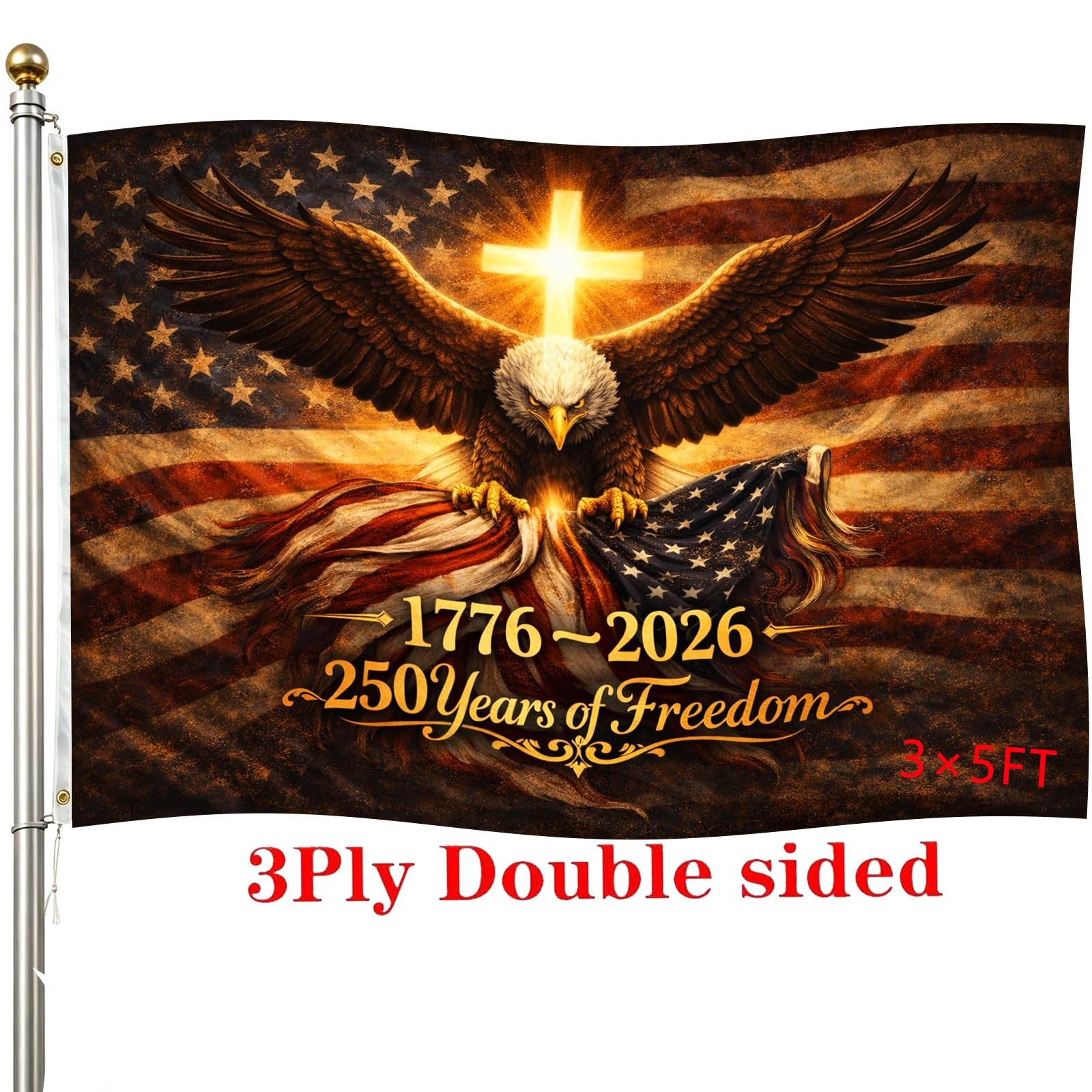 250th Anniversary USA Double Sided 3-Ply Flag for outside,We The 3×5 ft, Gold