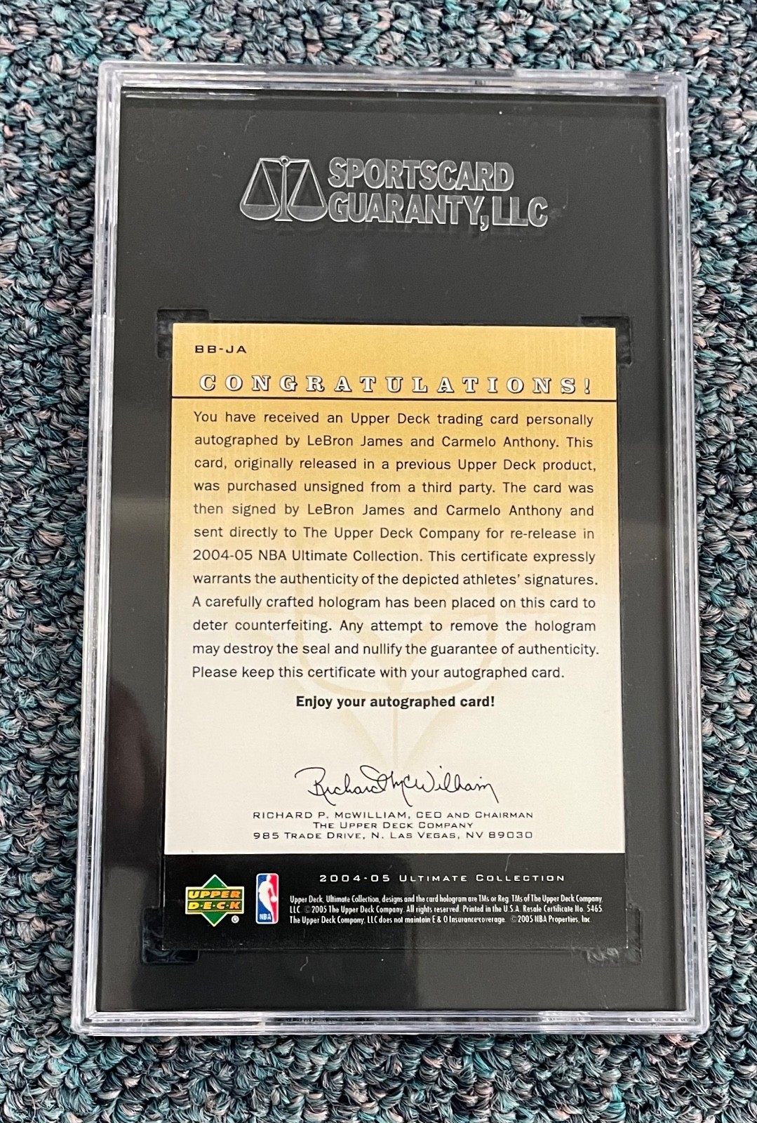 2004-05 Upper Deck Ultimate Buyback Lebron James Carmelo Dual Auto Certificate