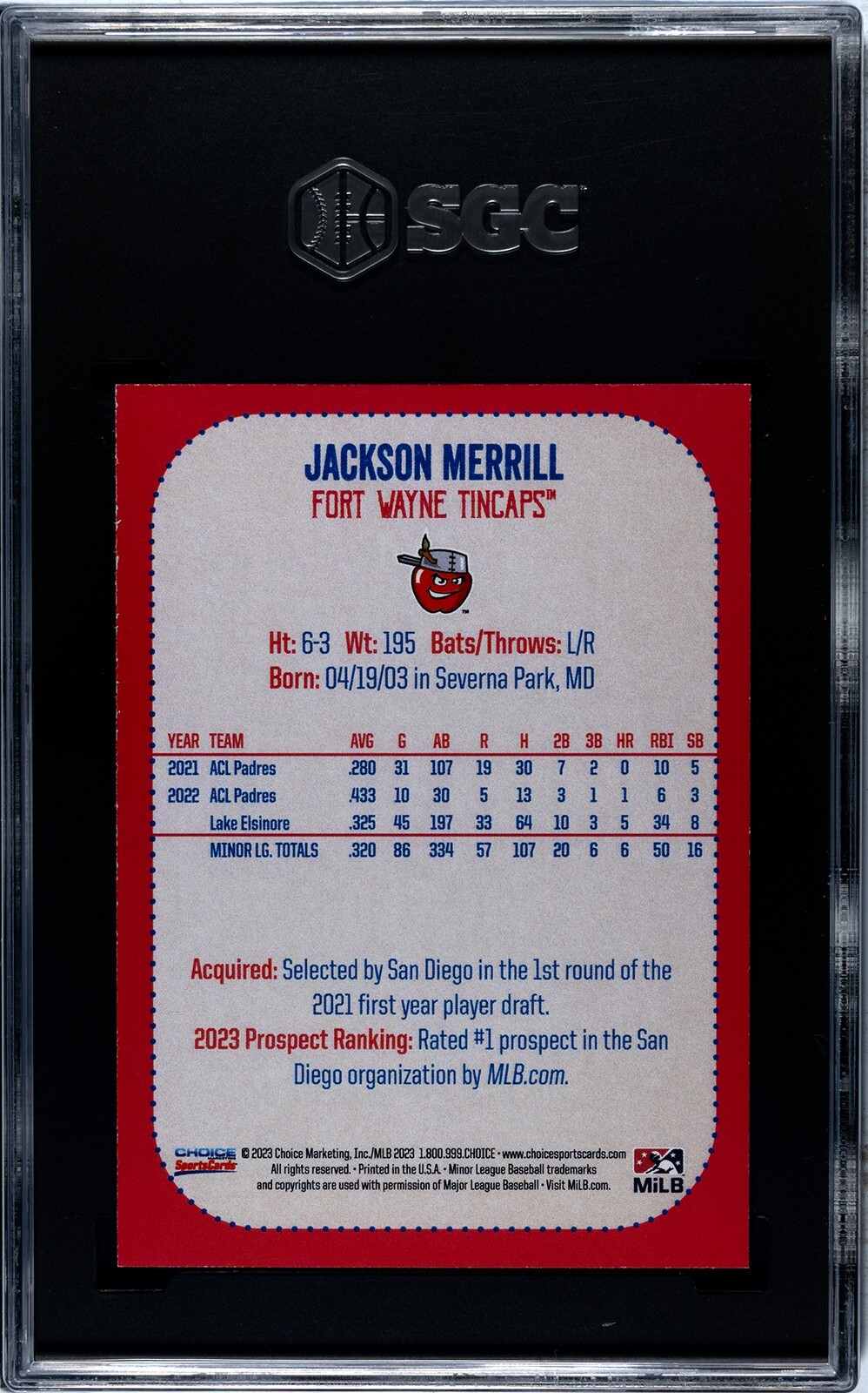 2023 Midwest League Top Prospects Jackson Merrill Fort Wayne Tincaps SGC NM MT