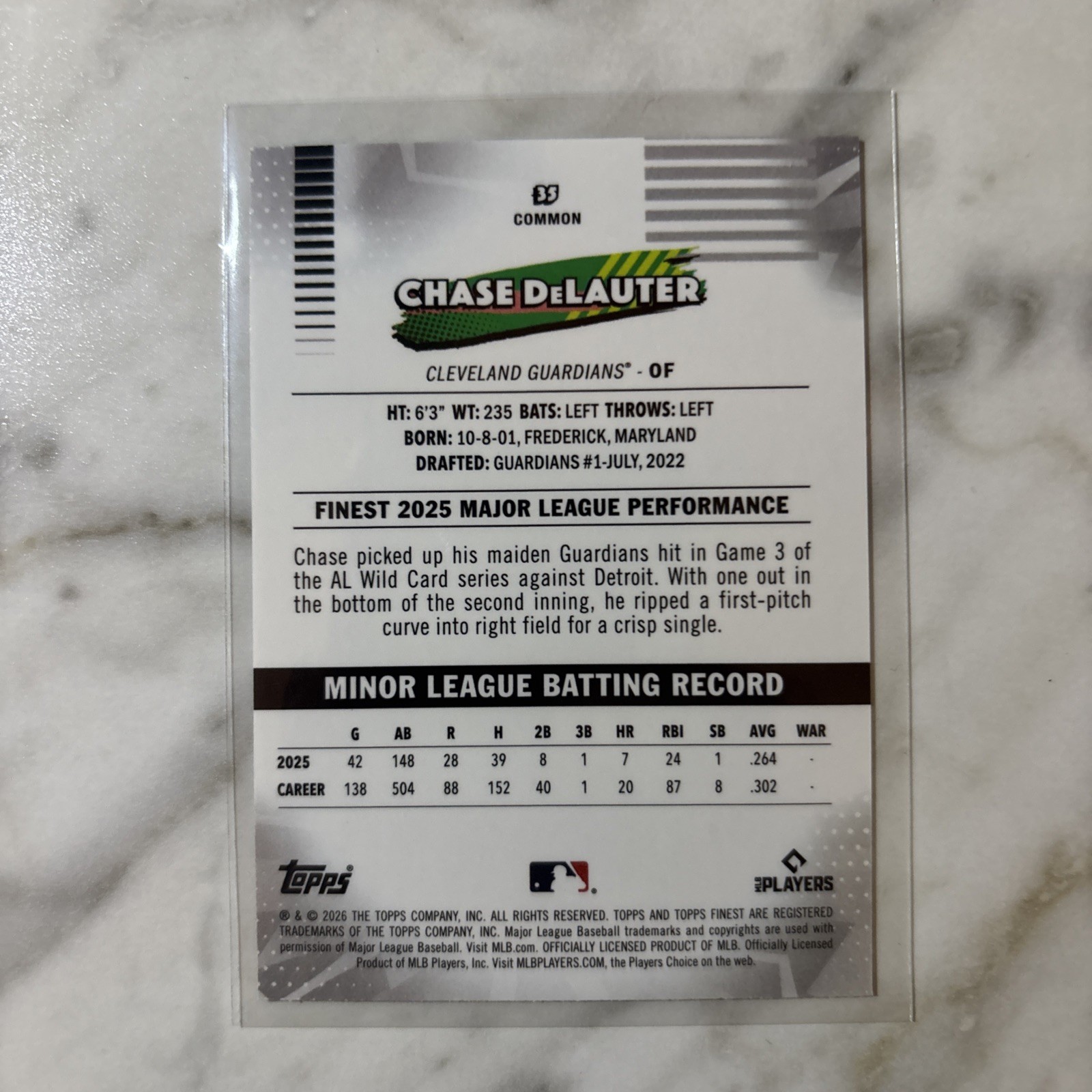 2026 Topps Finest Baseball – CHASE DELAUTER – Common (RC) #35 Guardians 💎💎💎