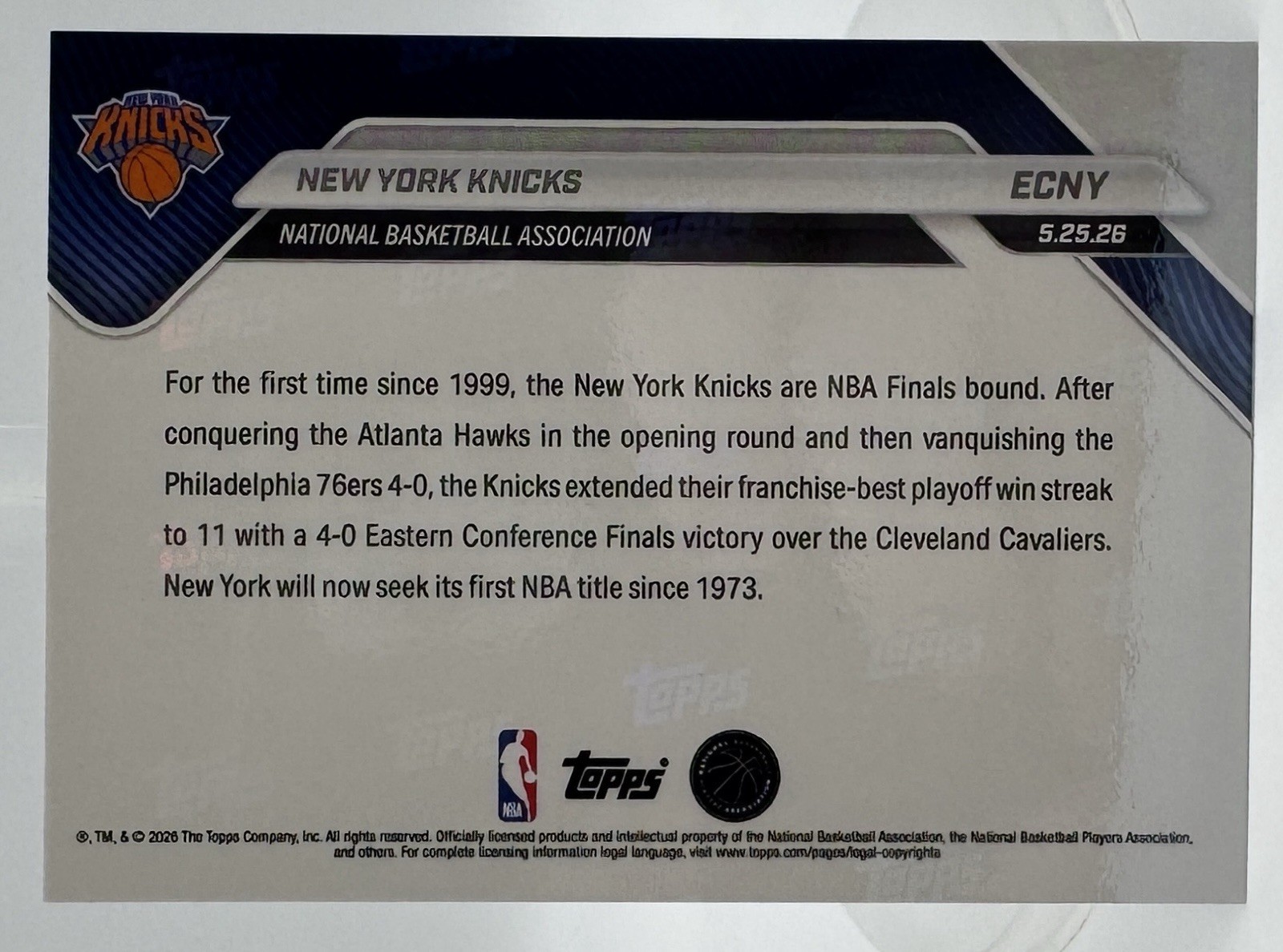 New York Knicks Eastern Conf Champs 2025-26 NBA Topps NOW, Limited Edition, NM+