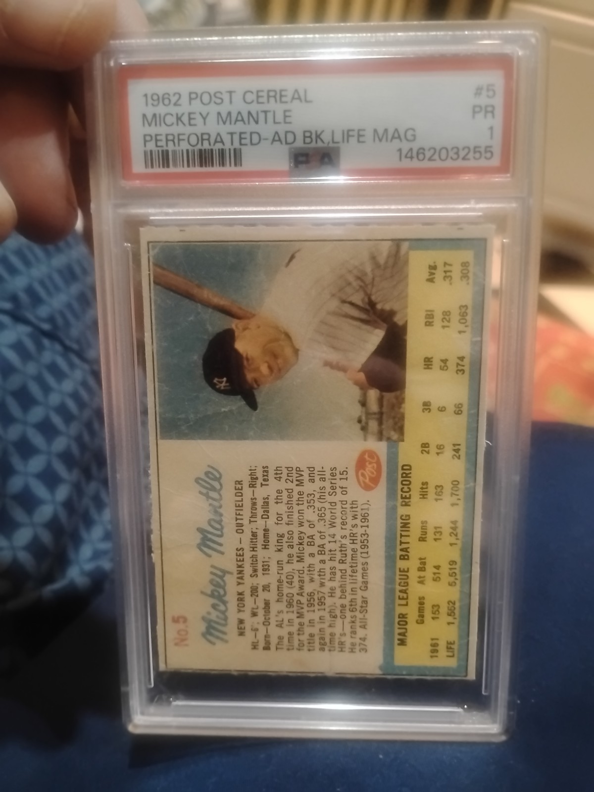 1962 Post Mickey Mantle #5 Ad Logo on Back Perforated Rare! Yankees HOF PSA 1