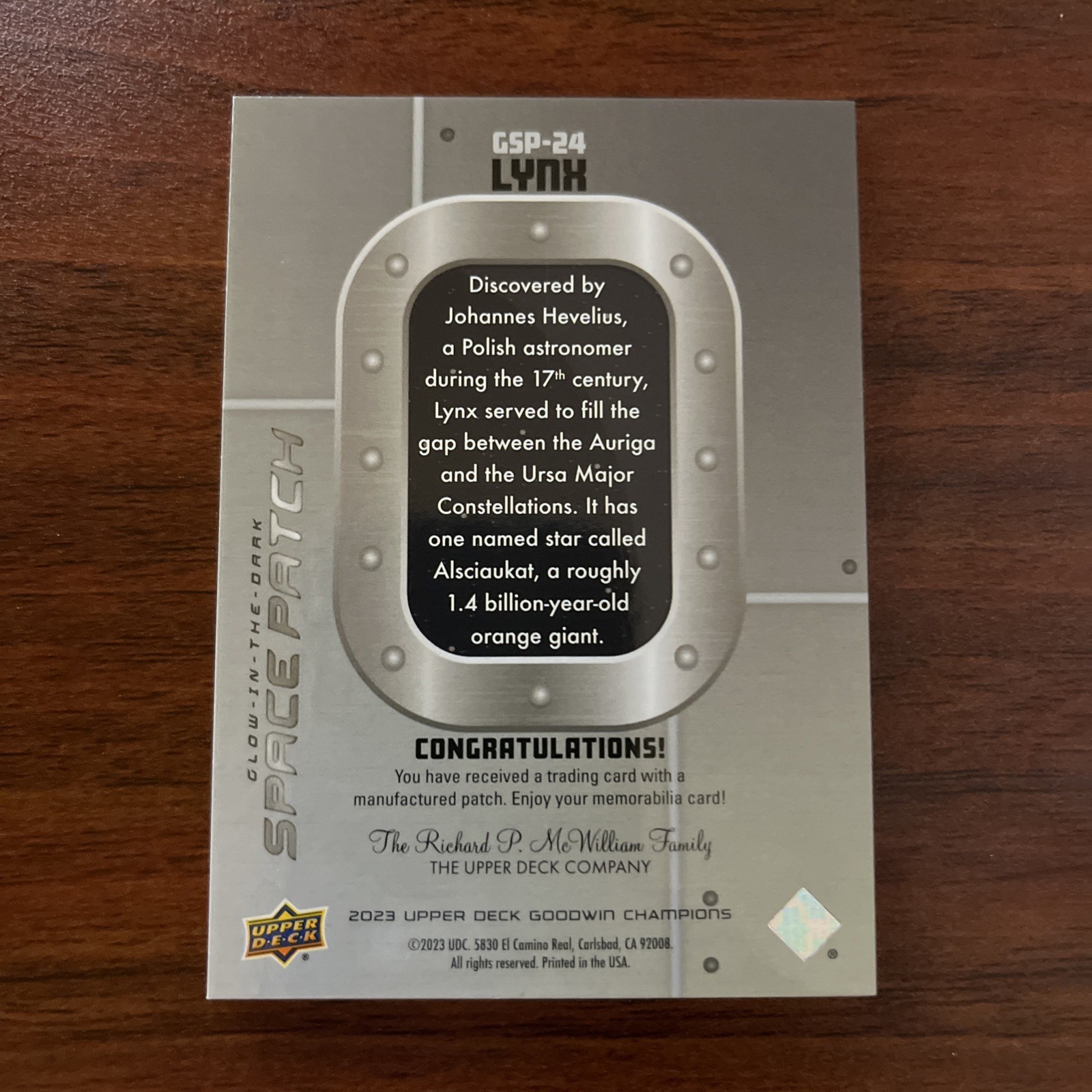 2023 Upper Deck Goodwin Champions Glow in the Dark Space Patch #GSP-24 Lynx