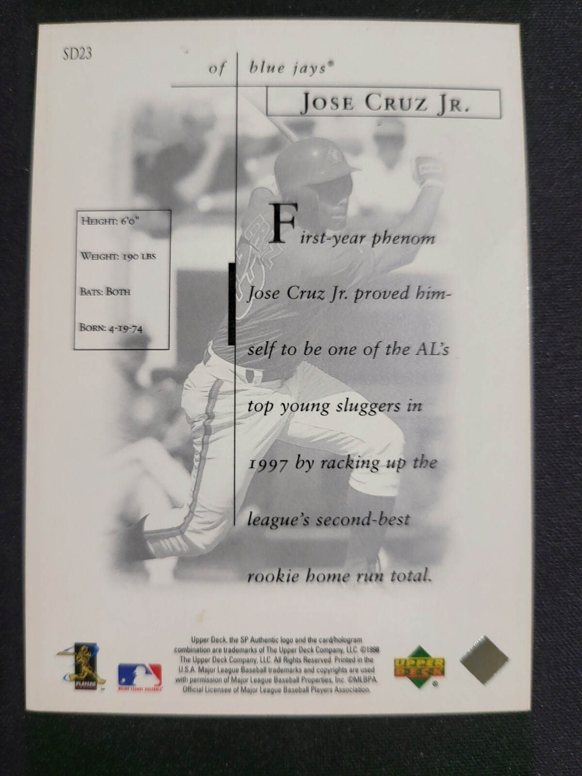 1998 SP Authentic Jose Cruz Jr SHEER DOMINANCE #SD23 Blue Jays