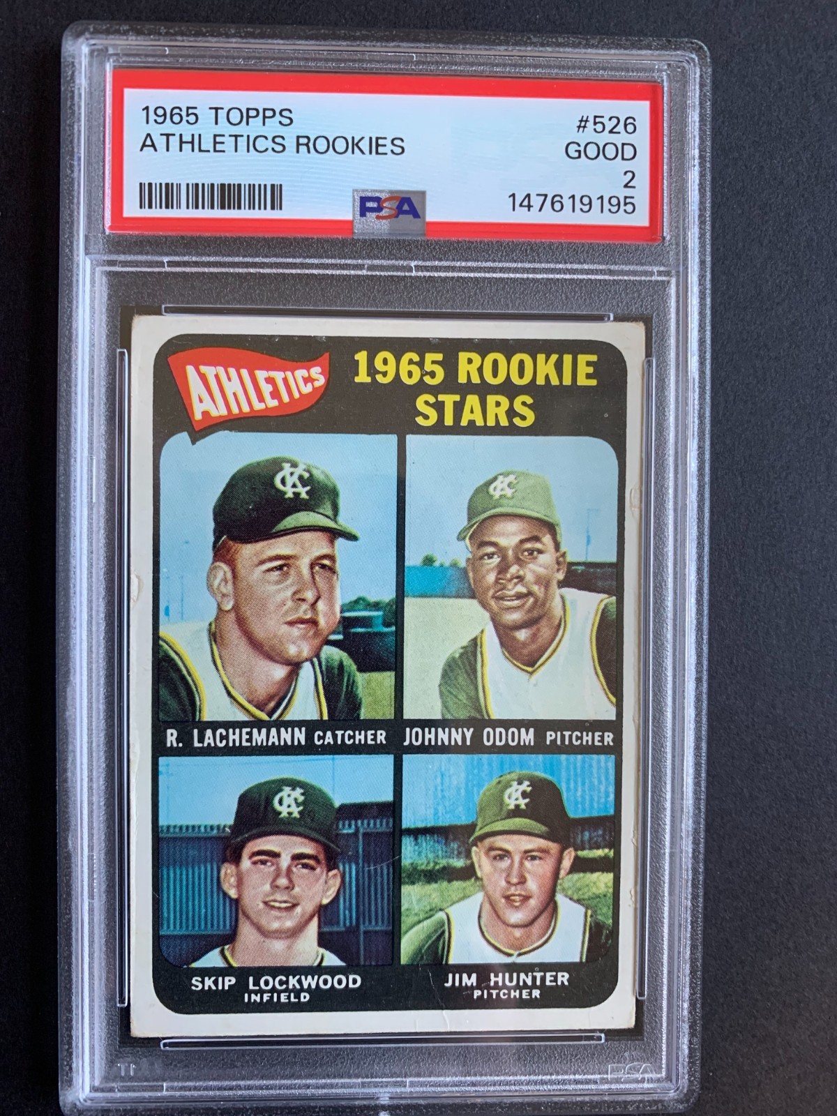1965 Topps Athletics Rookies JIM “CATFISH” HUNTER PSA 2 plus Odom, Lockwood,
