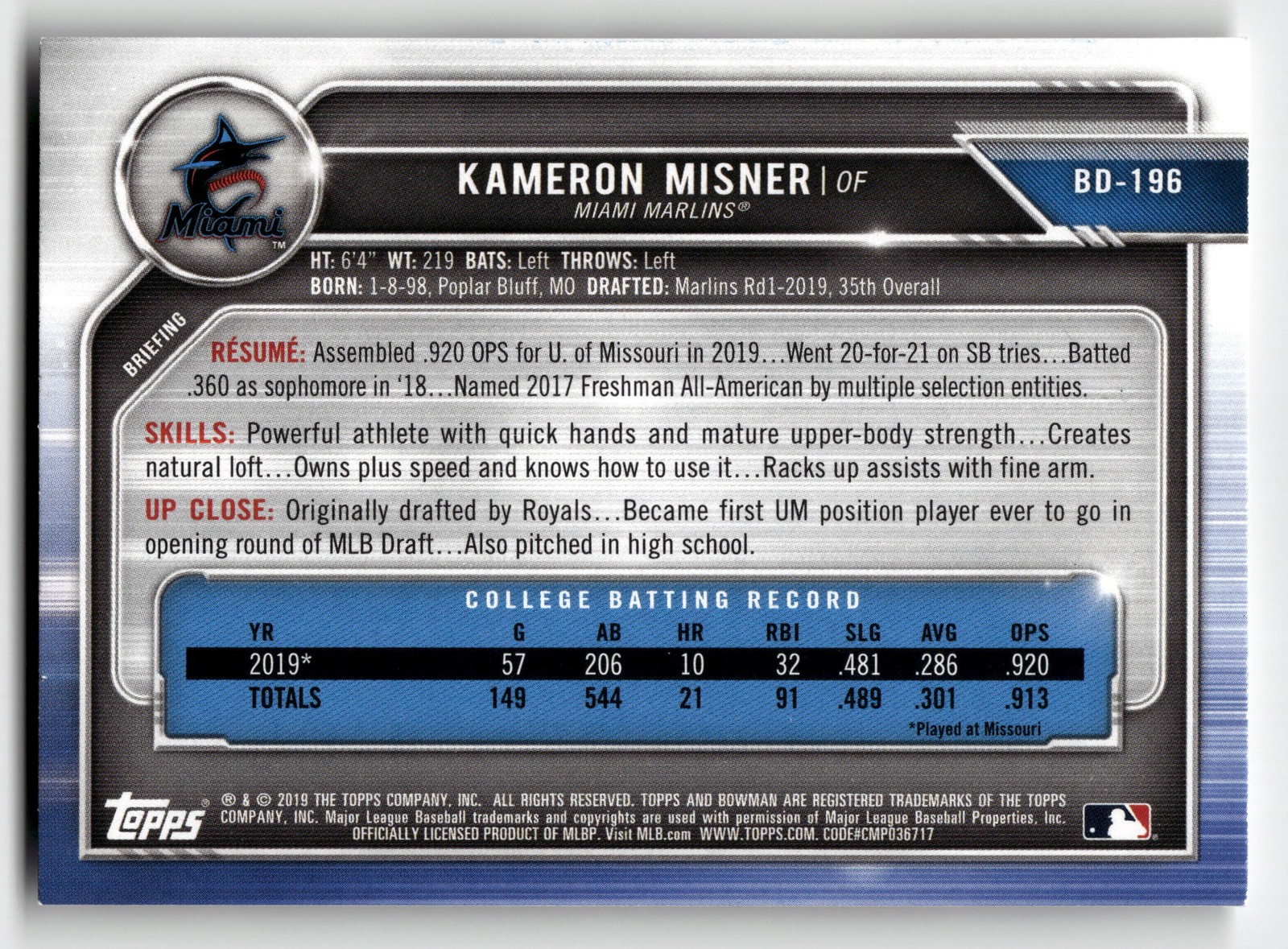 Kameron Misner #BD-196 Miami Marlins 1st BOWMAN IN PERSON AUTO PLS READ