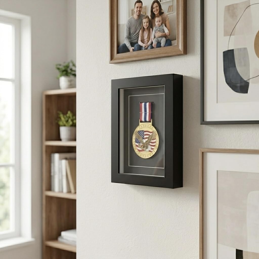 Medal Display Case Shadow Box 6×8 – Black Solid Wood Medal Frame with Real Gl…