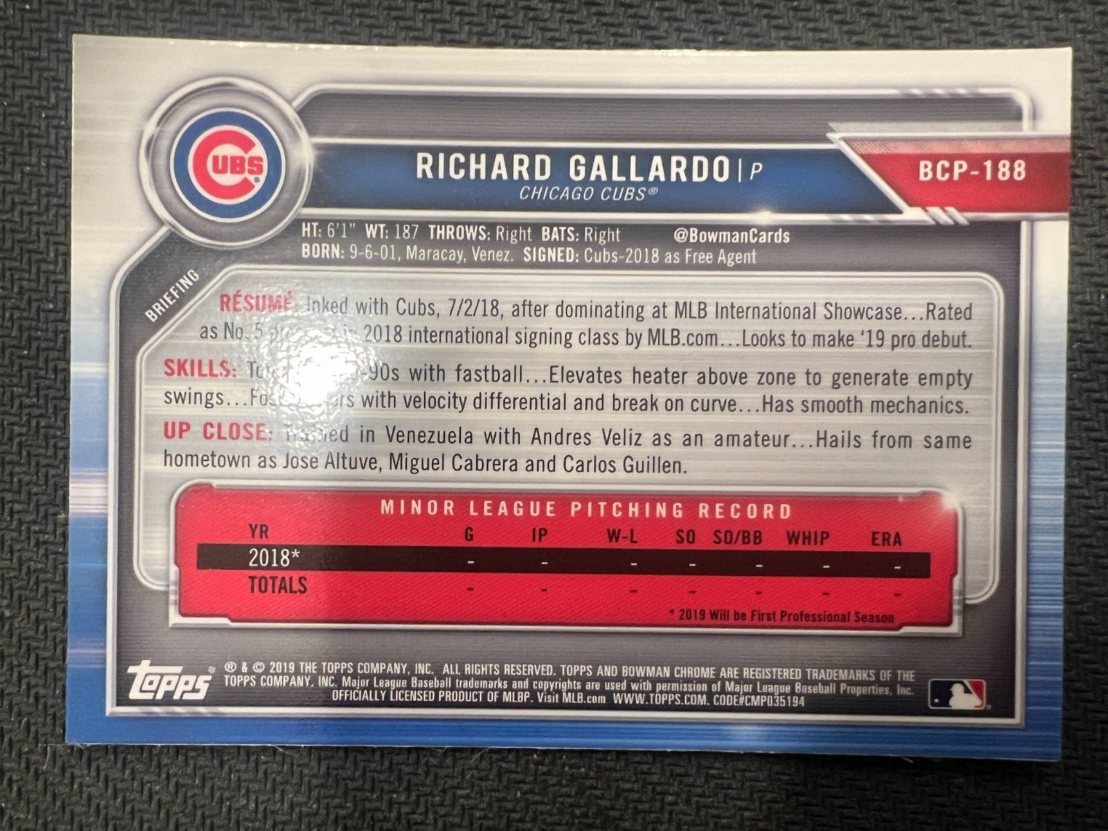 QTY: 2019 Bowman Chrome Prospects – Richard Gallardo CUBS 1st Rookie #BCP-188