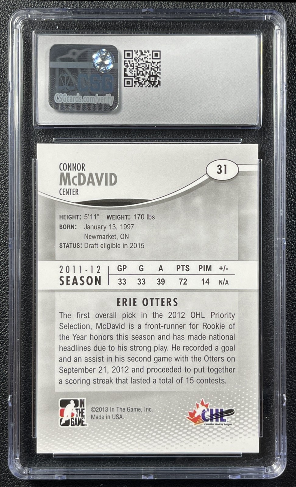 2012-13 ITG Heroes and Prospects Connor McDavid #31 Base CSG 9.5