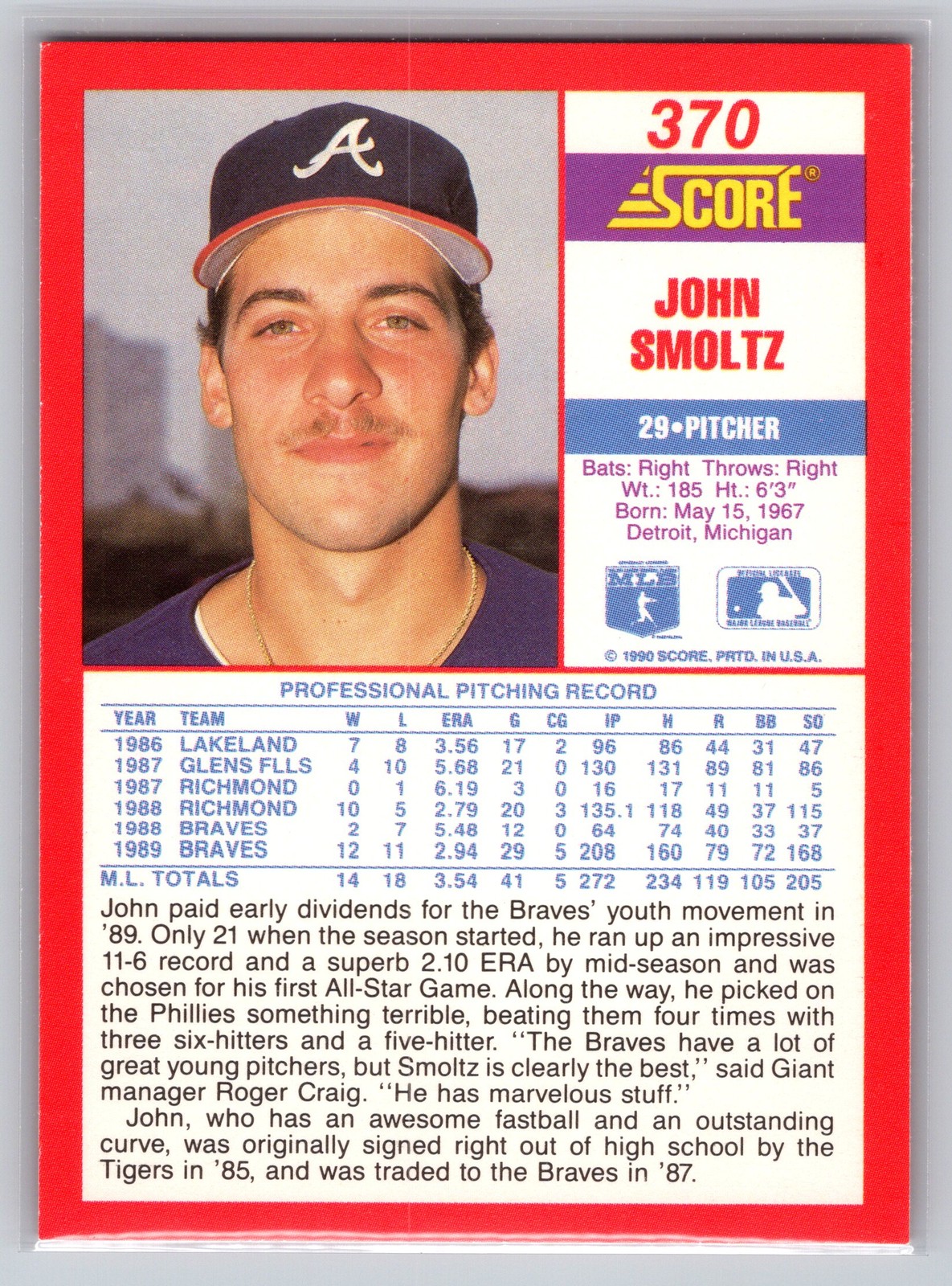 John Smoltz – 1990 Score – #370 – –