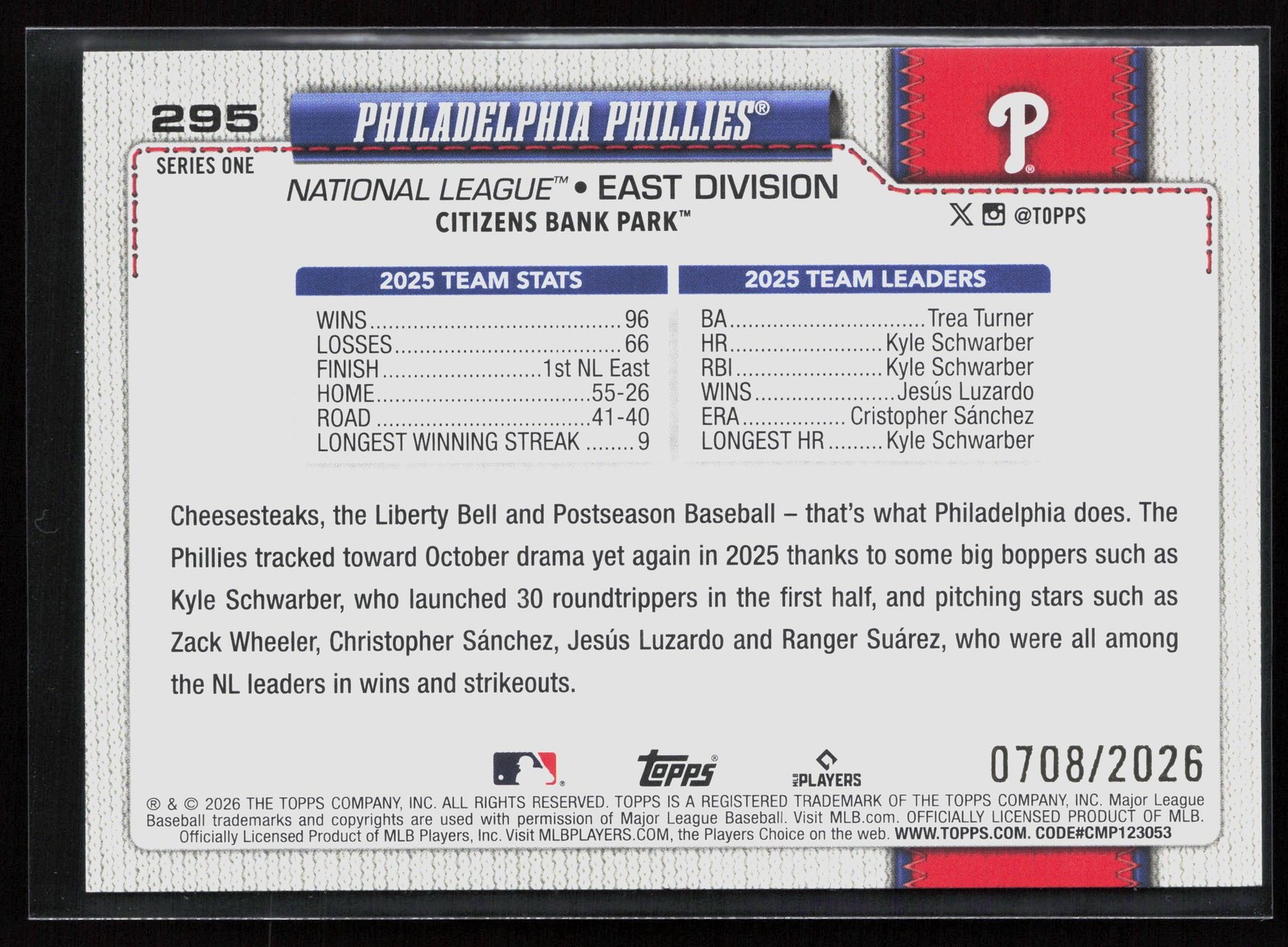 2026 Topps #295 Philadelphia Phillies Rainbow Foil