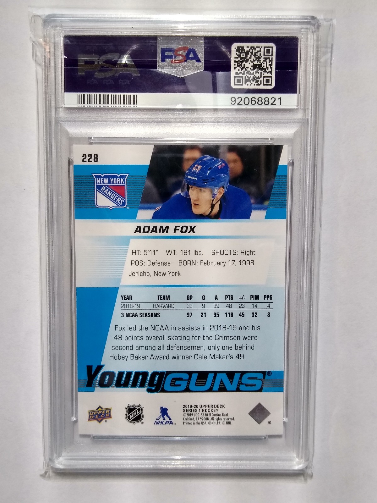 2019-2020 Upper Deck Young Guns Adam Fox rookie card / PSA 9 / RC / #228 – NYR