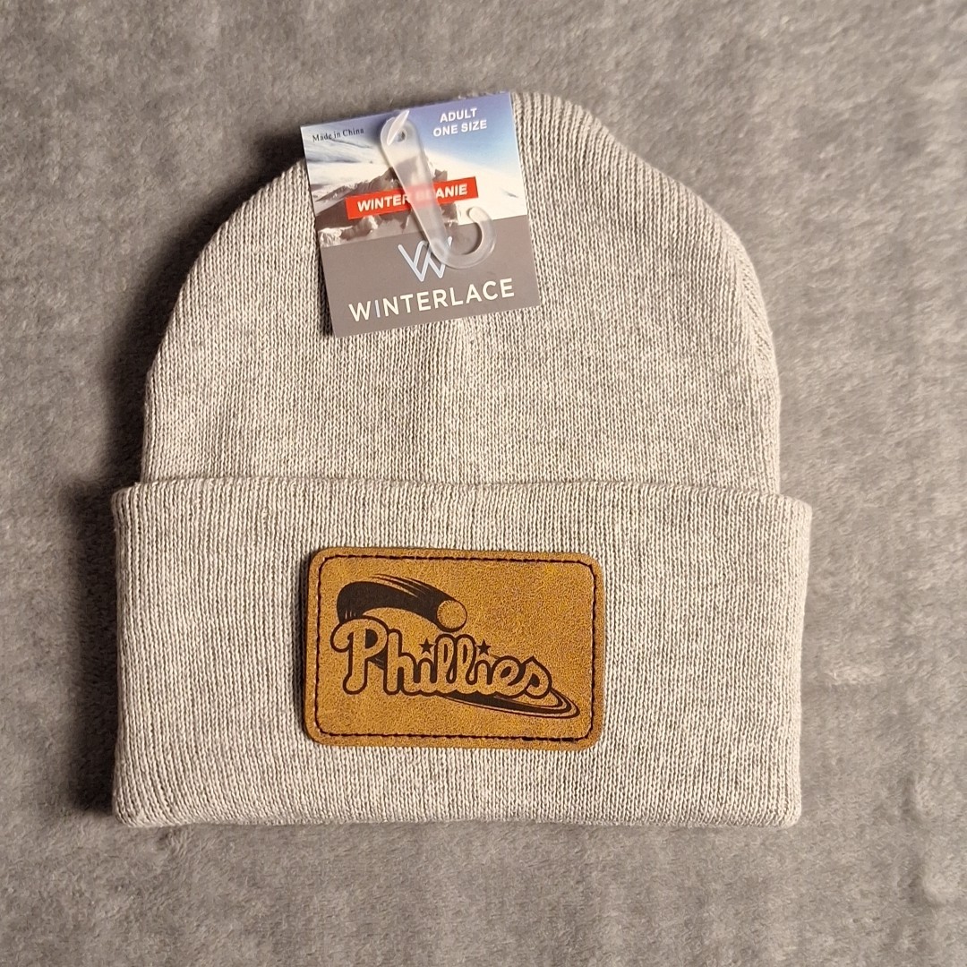 Philadelphia Phillies Leather Rectangle Patch Gray Beanie Cap MLB