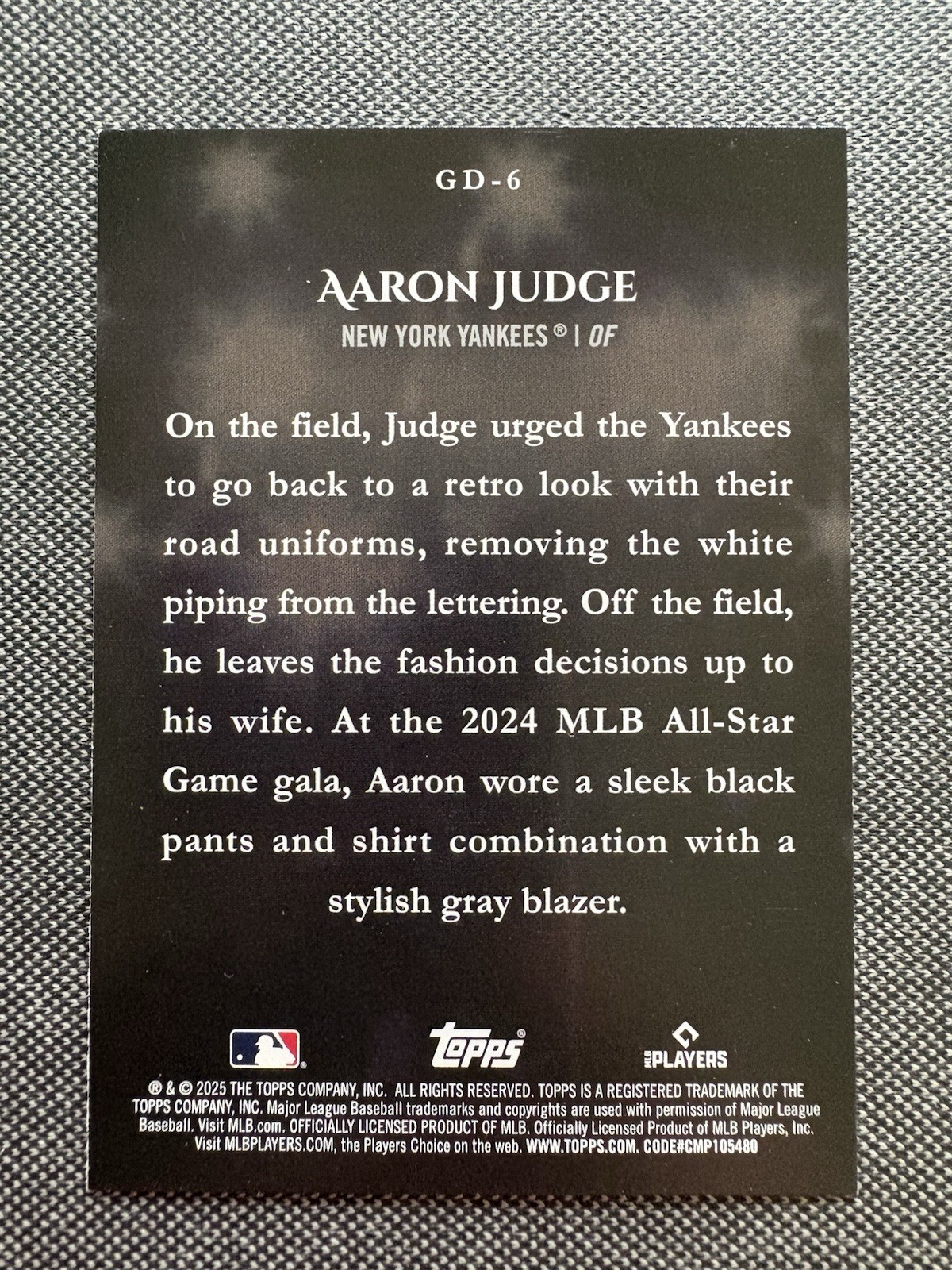2025 Topps Series 1 – Game Day Drip AaronJudge #GD-6 New York Yankees