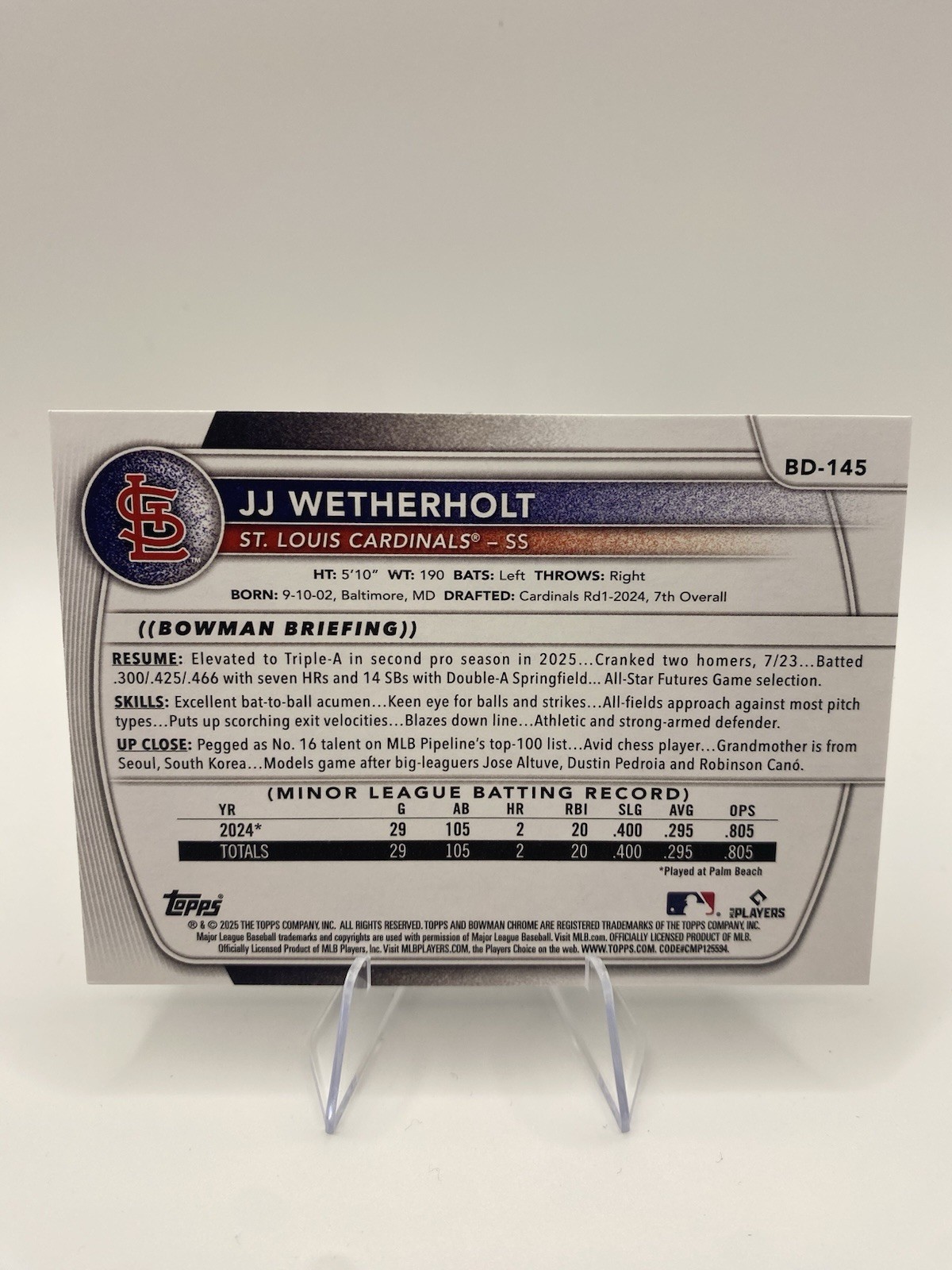 2025 Bowman Draft BD-145 JJ Wetherholt – St. Louis Cardinals