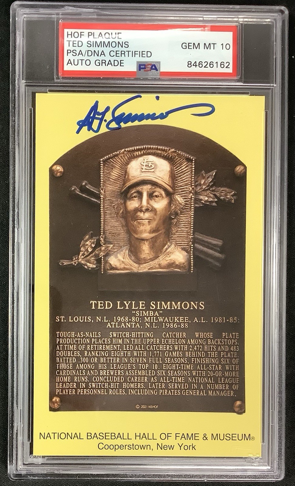Ted Simmons Signed Gold HOF Plaque Postcard Yellow PSA/DNA Auto Gem 10 TB