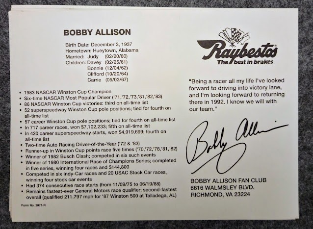 Bobby Allison #12 1992 NASCAR Team Postcard Raybestos Racing 8″x5-7/8″