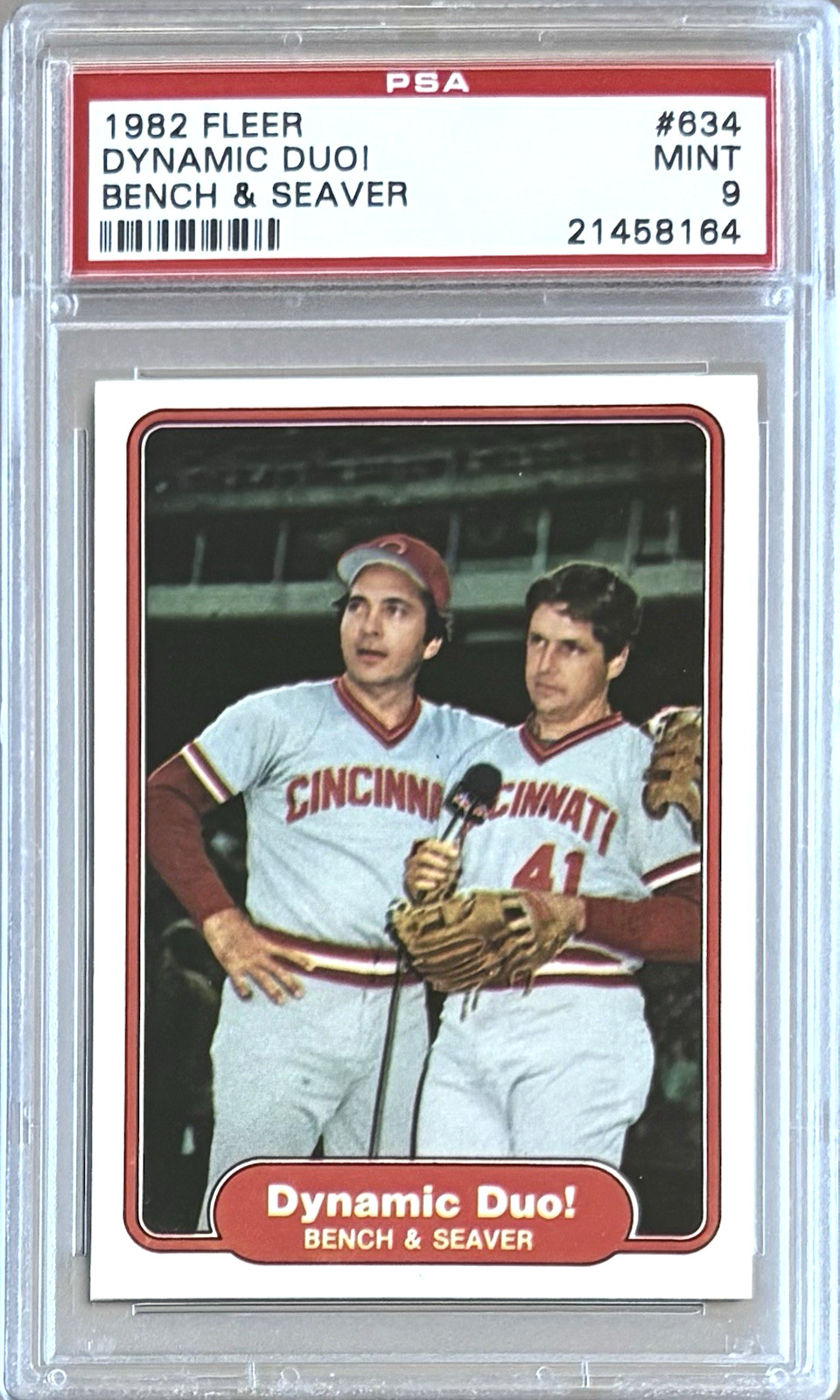 1982 FLEER #634 JOHNNY BENCH & TOM SEAVER HOF PSA 9 MINT REDS ** DYNAMIC DUO!