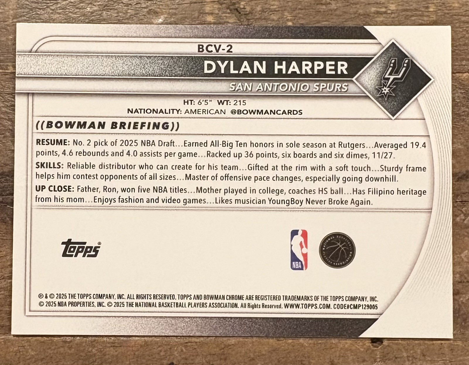 Dylan Harper 2025-26 Topps Bowman Chrome Basketball Rookie Card # BCV-2 Spurs