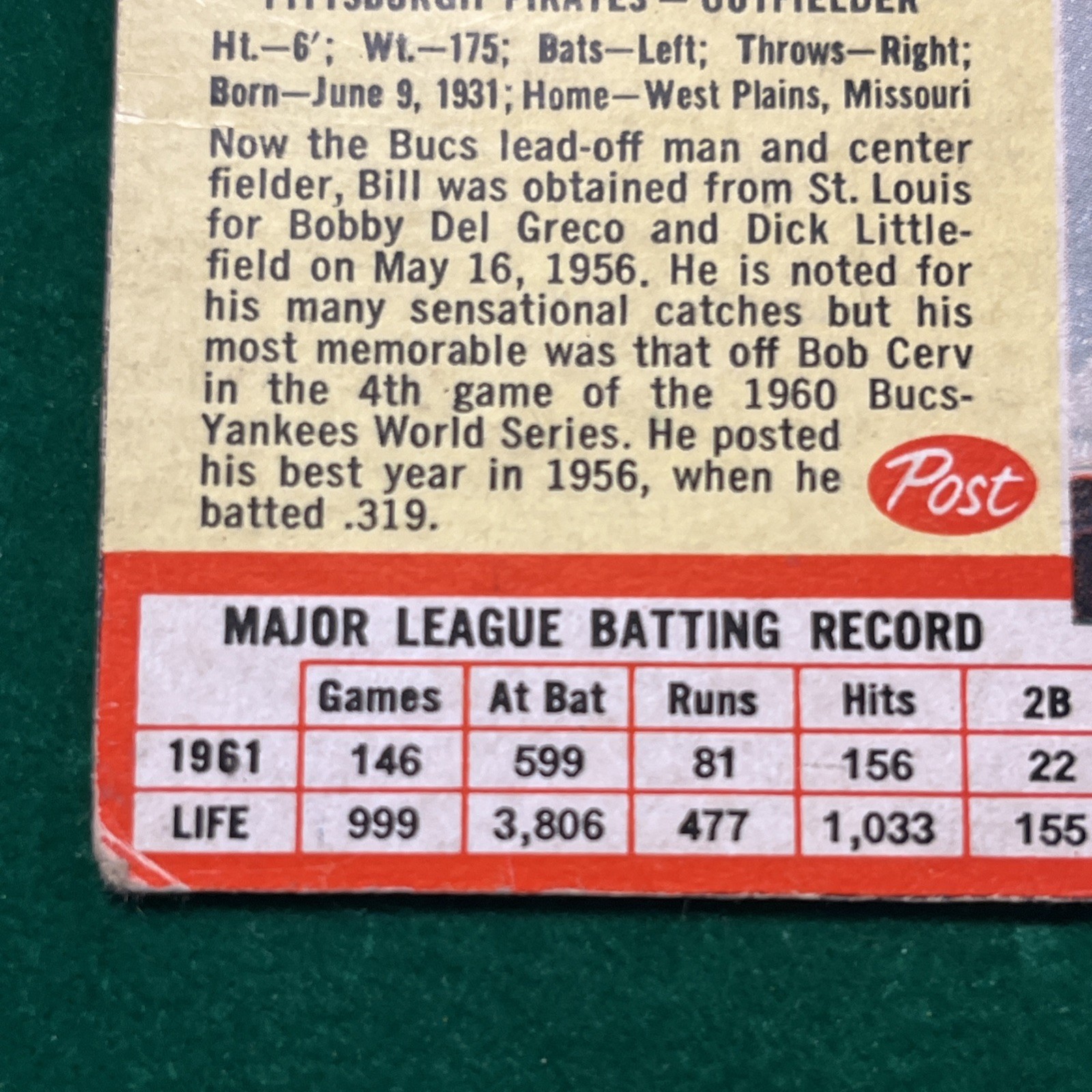 1962 Post – Bill Virdon #175