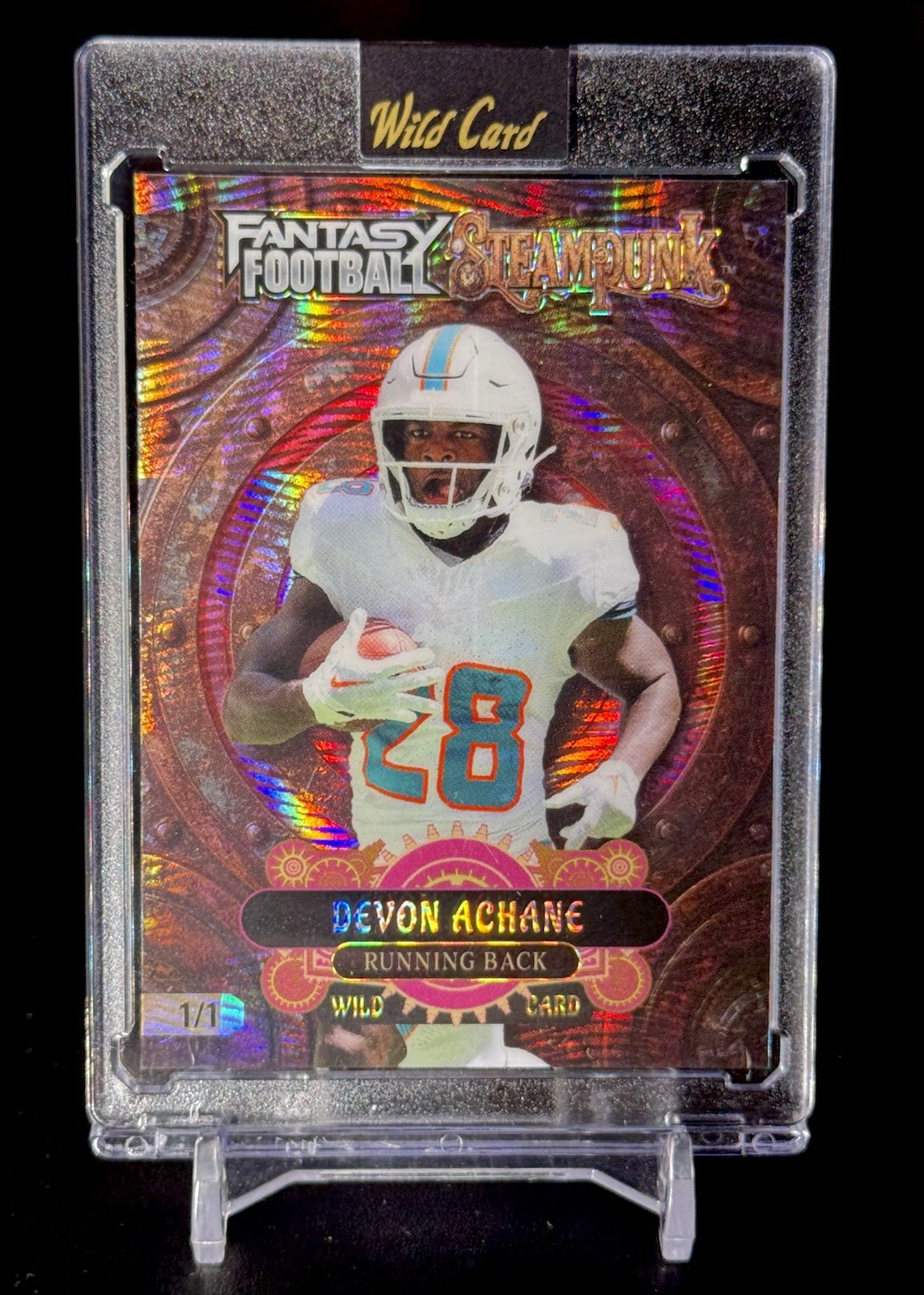 Devon Achane 1/1 Pink Wave Holo 2026 Wild Card Steampunk Fantasy Football Miami