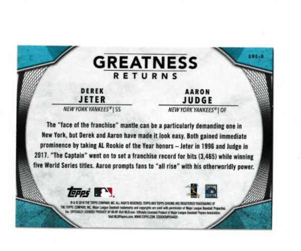 2019 Topps Chrome GREATNESS RETURNS – DEREK JETER / AARON JUDGE QUANTITY