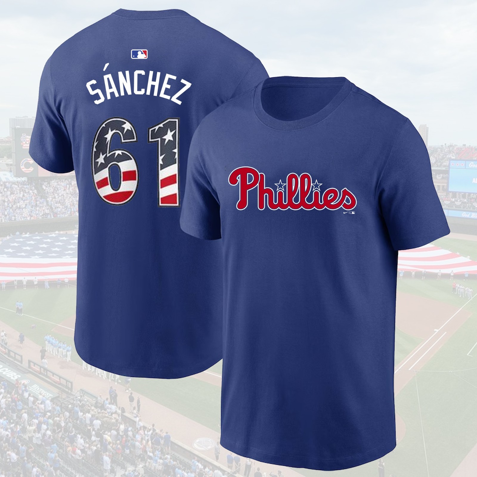 Philadelphia Phillies #61 Cristopher Sánchez USA 250 Fourth of July Name & Numb