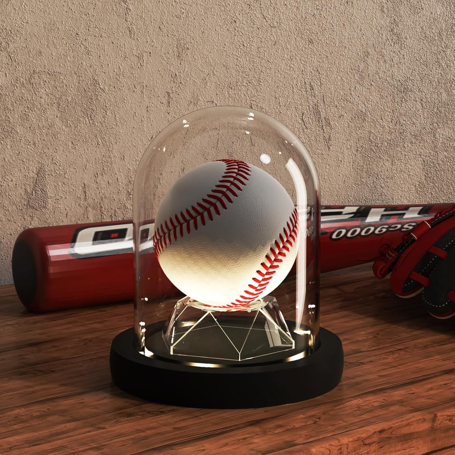 Baseball Display Case with LED Light Base and Glass Dome Cloche