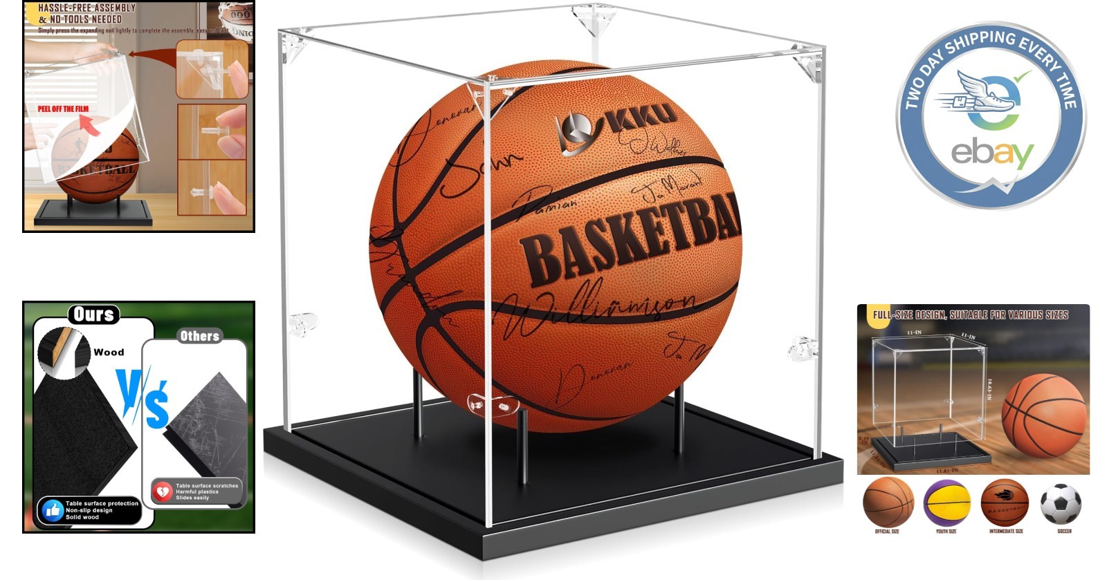 Tabletop Basketball Display Case: Black Acrylic with Wooden Base – Quick Setup