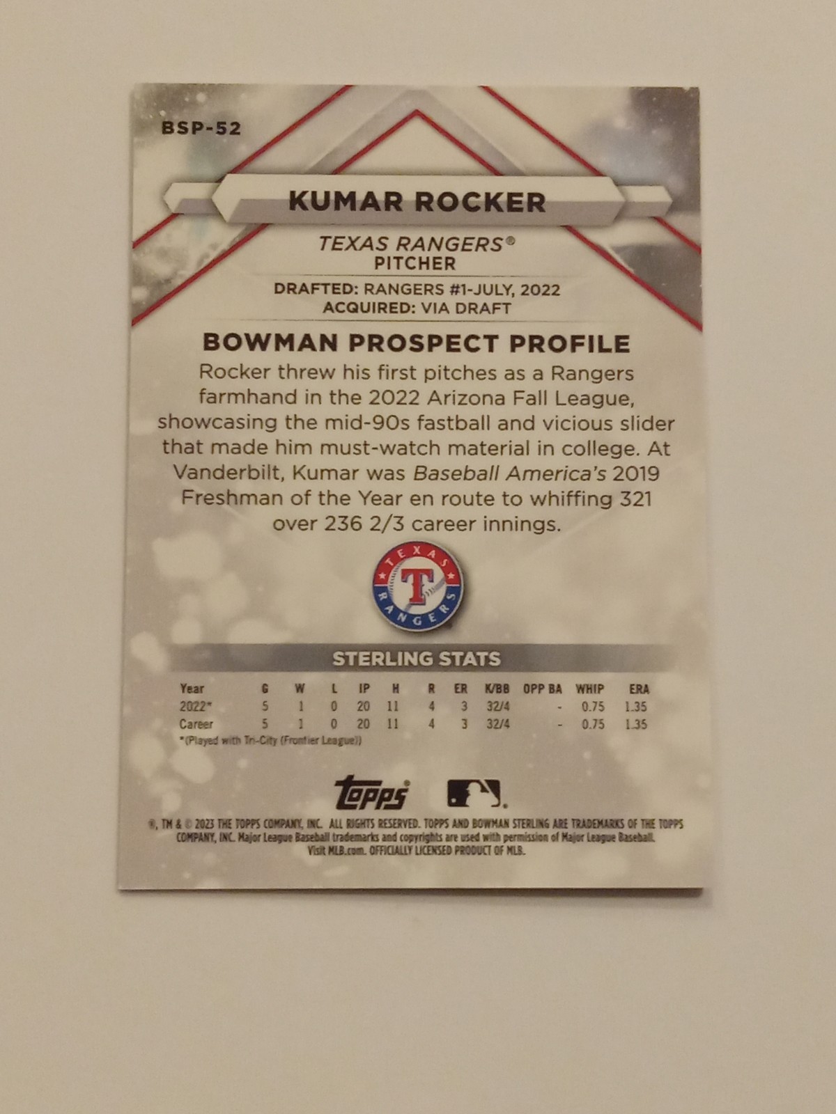 2023 Bowman Sterling – Prospects Kumar Rocker #BSP-52 Magenta Refractor /75 (RC)
