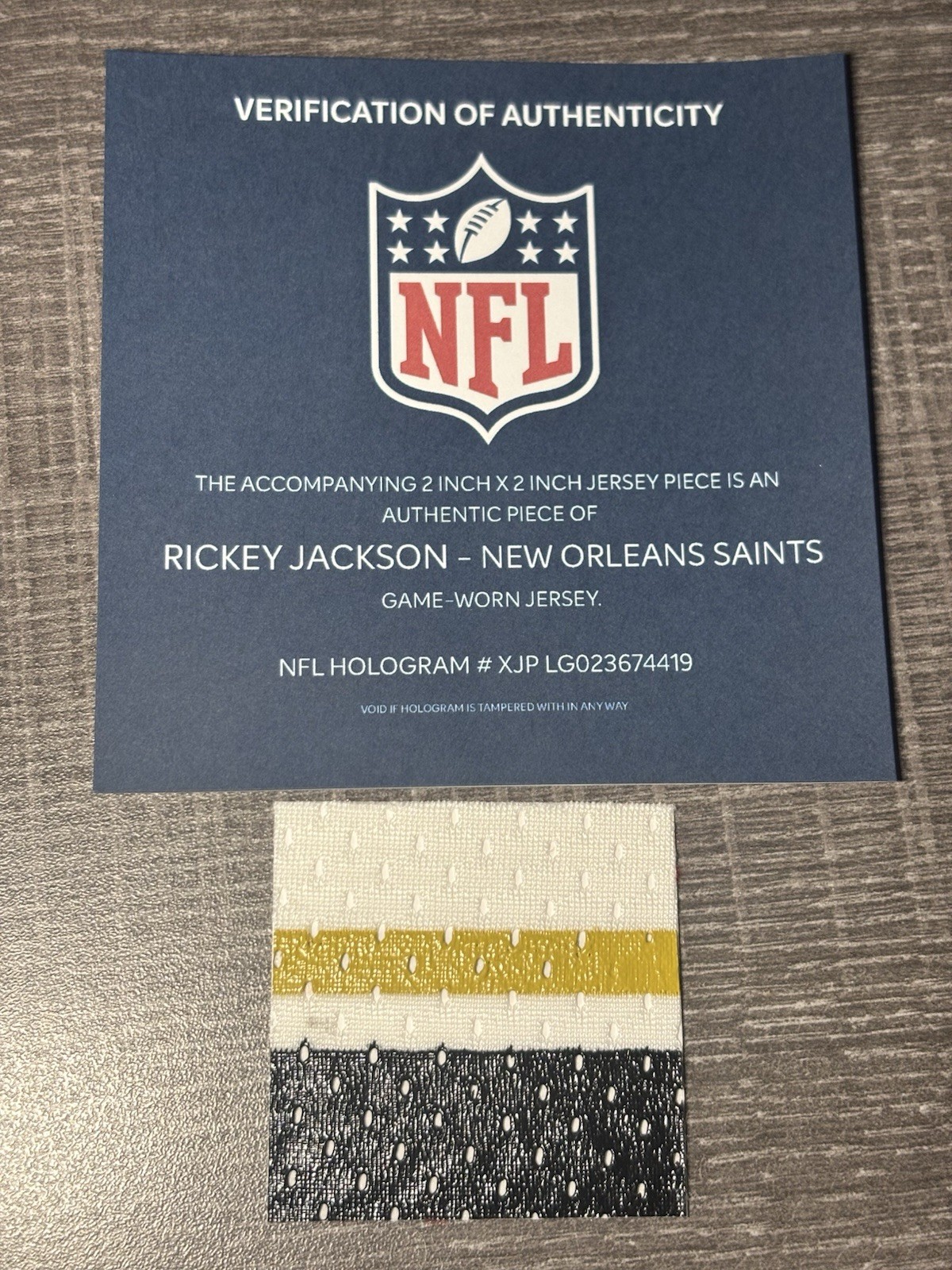 RICKY JACKSON GAME USED WORN PATCH NFL COA HOLOGRAM SAINTS HOF FANATICS FEST GU
