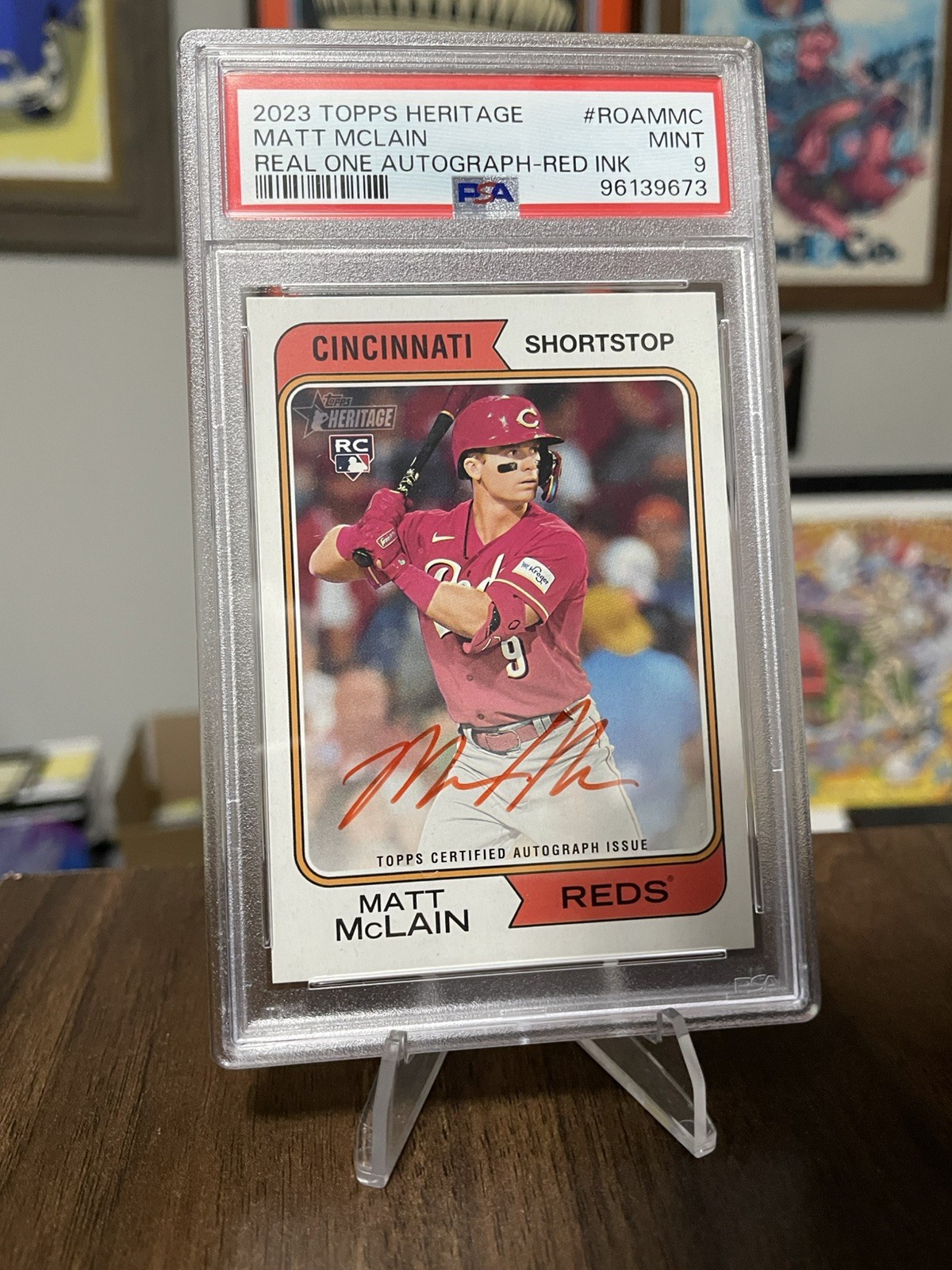 2023 Topps Heritage Real One Auto Red Ink Matt McLain RC #ROA-MMC /74 PSA 9 Reds