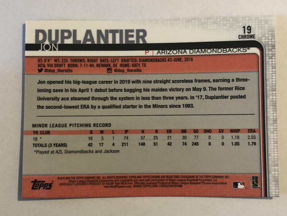 Jon Duplantier 2019 Topps Chrome Update Rookie Card #19 Arizona Diamondbacks RC