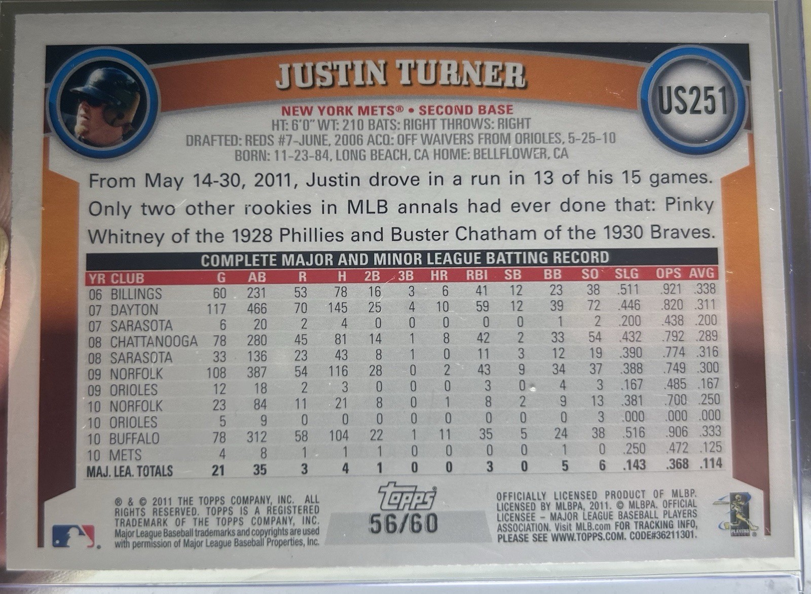 2011 Topps Update US251 JUSTIN TURNER -HOPE Diamond Anniversary #56/60 (RC)