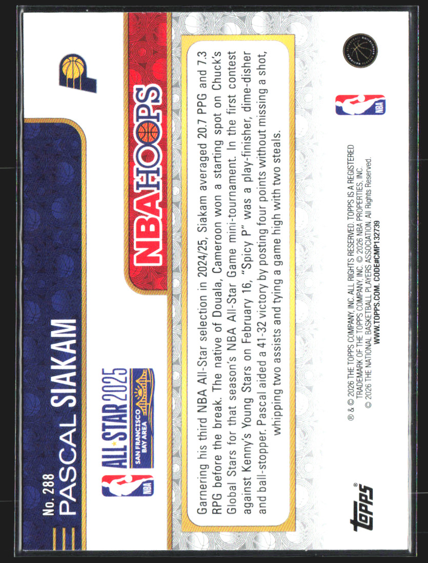 2026 Topps NBA Hoops Pascal Siakam #288 Basketball Card 🔥