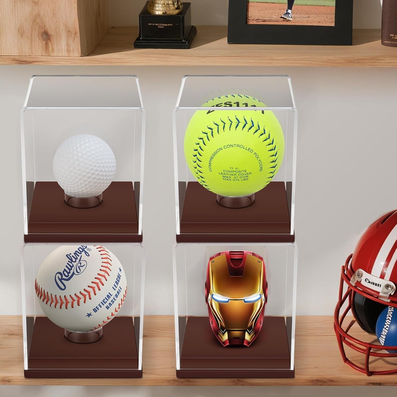 Clear Acrylic Baseball Display Case with Brown Wooden Base – Ideal Gift for Fans