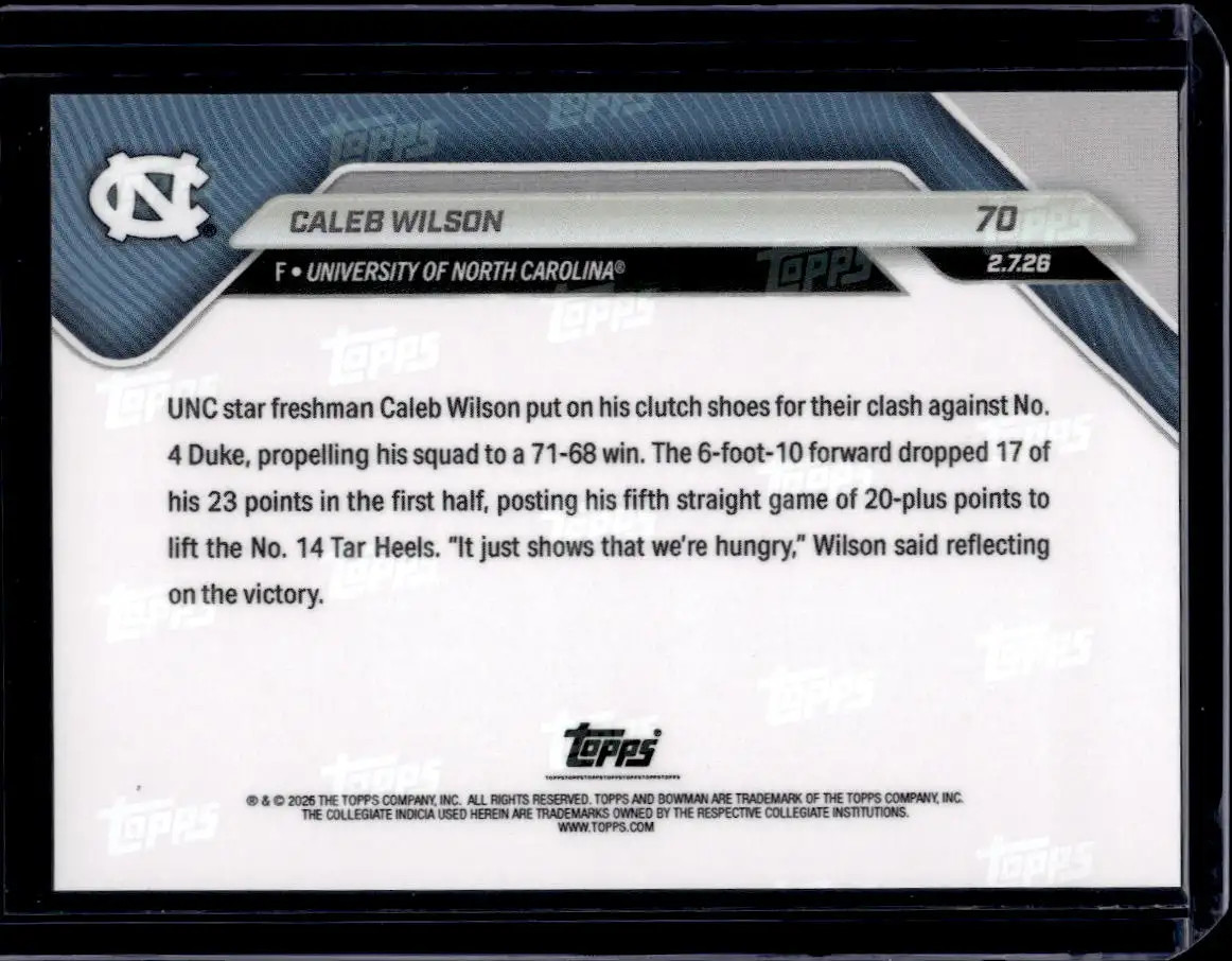 2025-26 Bowman U Now #70 Caleb Wilson Base Card (Qty)