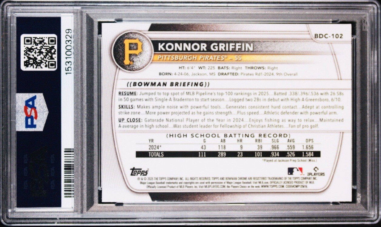 2025 Bowman Chrome Mega Box Chrome Prospects Konnor Griffin 102 PSA 8